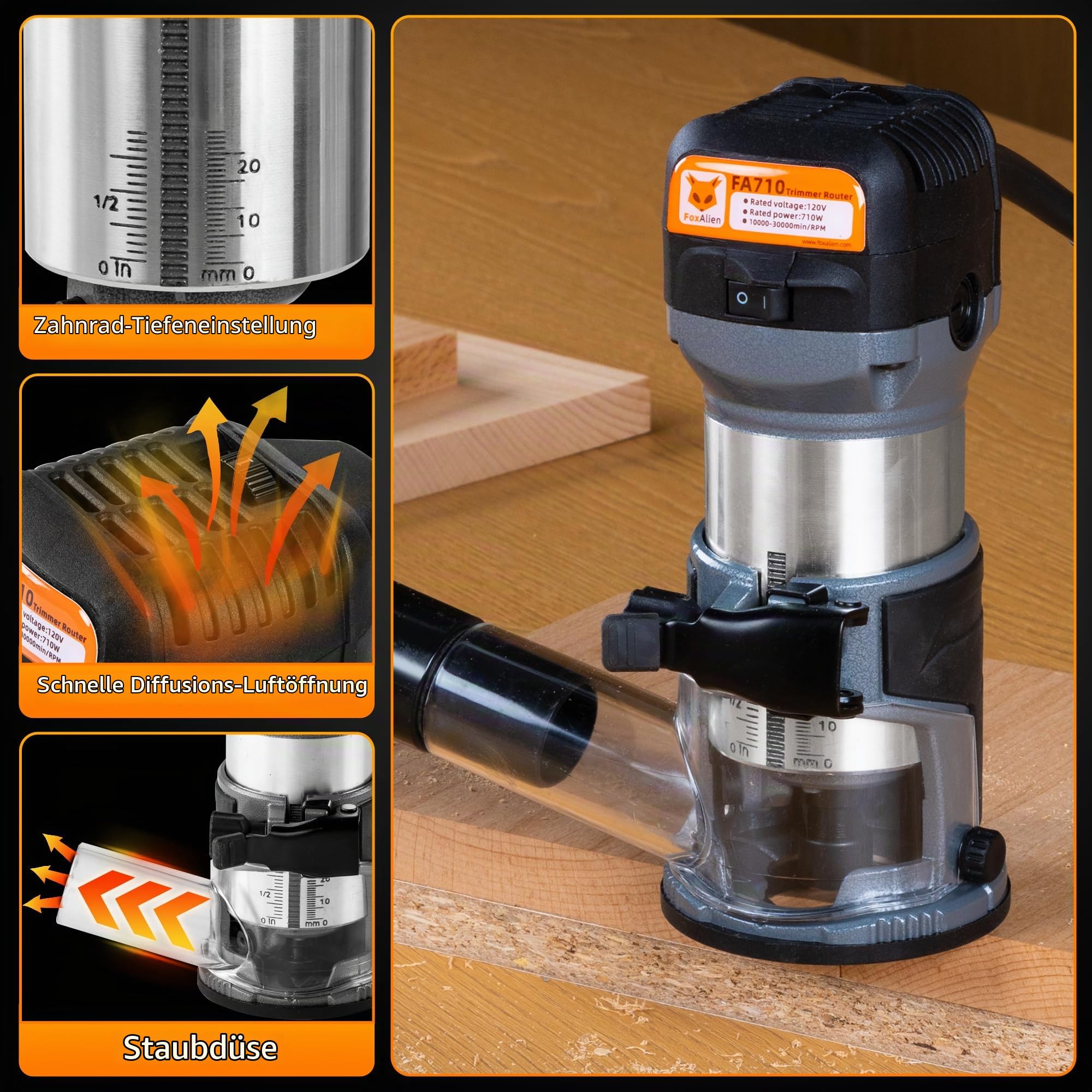 FoxAlien 1 HP 710W 65mm Durchmesser Compact Palm Router für CNC Fräsmaschine, 6 Variable Geschwindigkeiten Max 30000 R/MIN Holz Trimmer mit 1/4" Collect