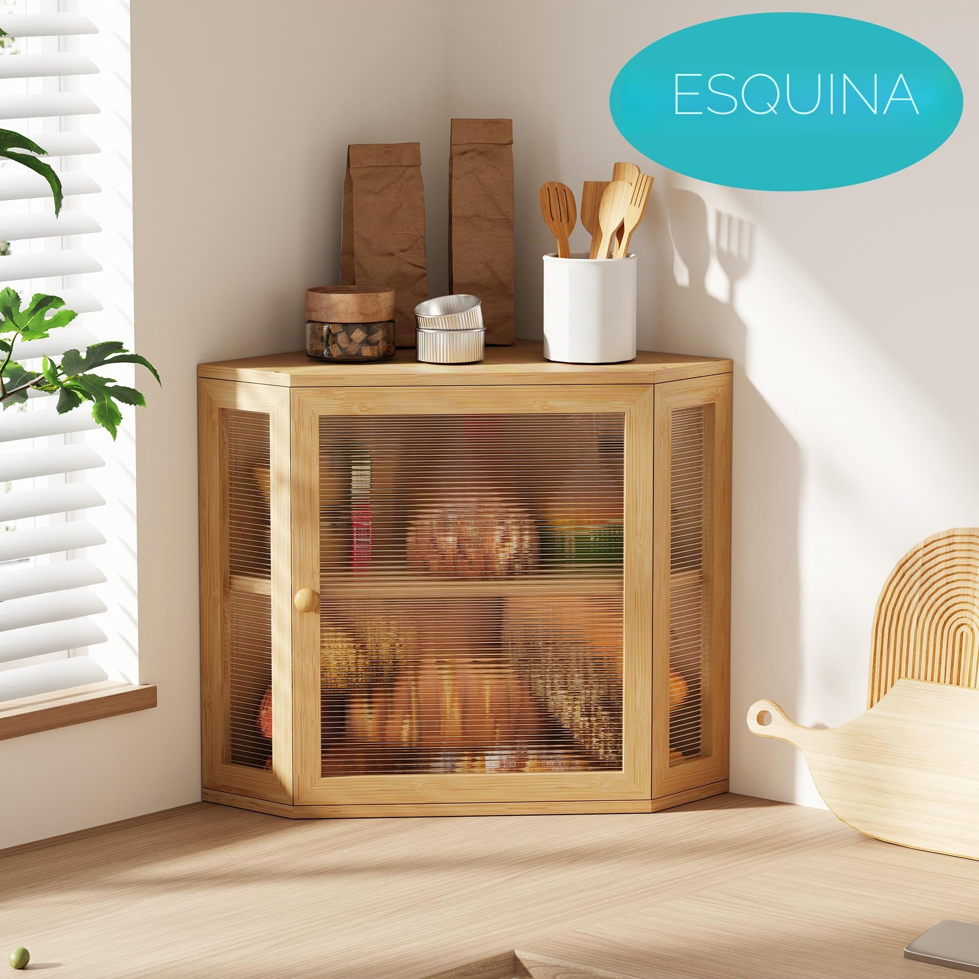 BEWISHOME Caja Para Guardar Pan de Bambú de 2 Pisos | Panera con Puerta Acrílica Ondulada Bread Bin 30 x 30 x 35 cm