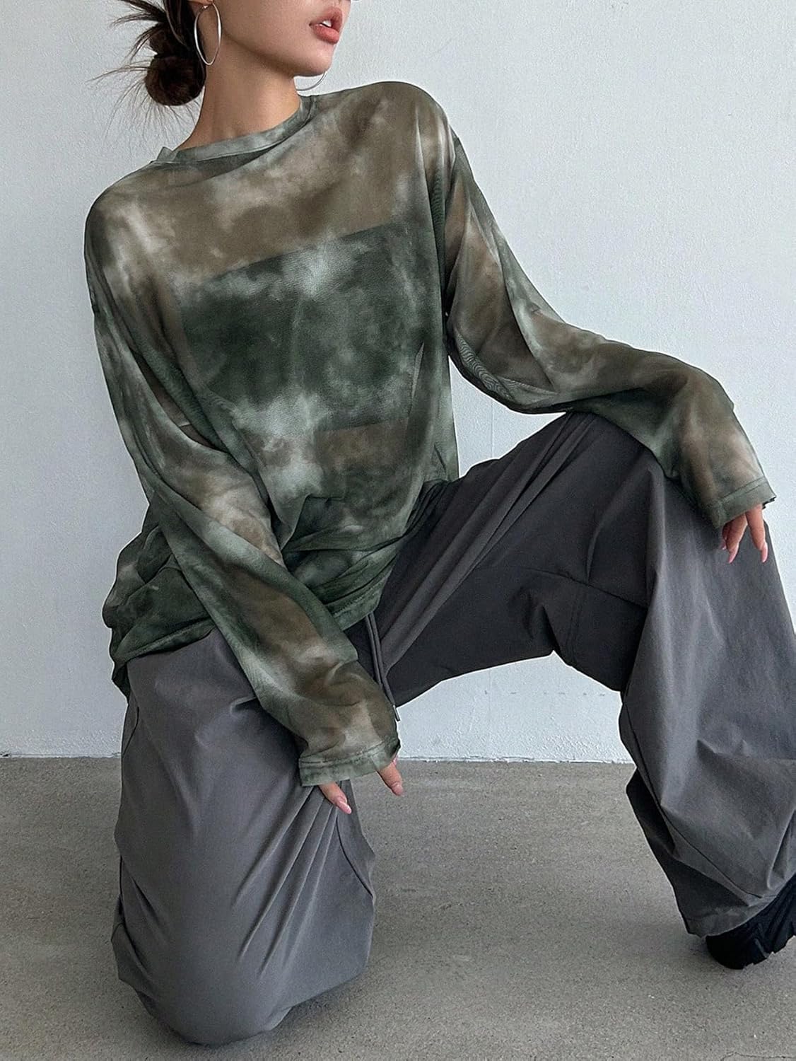 Verdusa Women's Y2k Tie Dye Sheer Mesh Top Drop Shoulder Long Sleeve Oversized Rave Streetwear Tops - Image 6