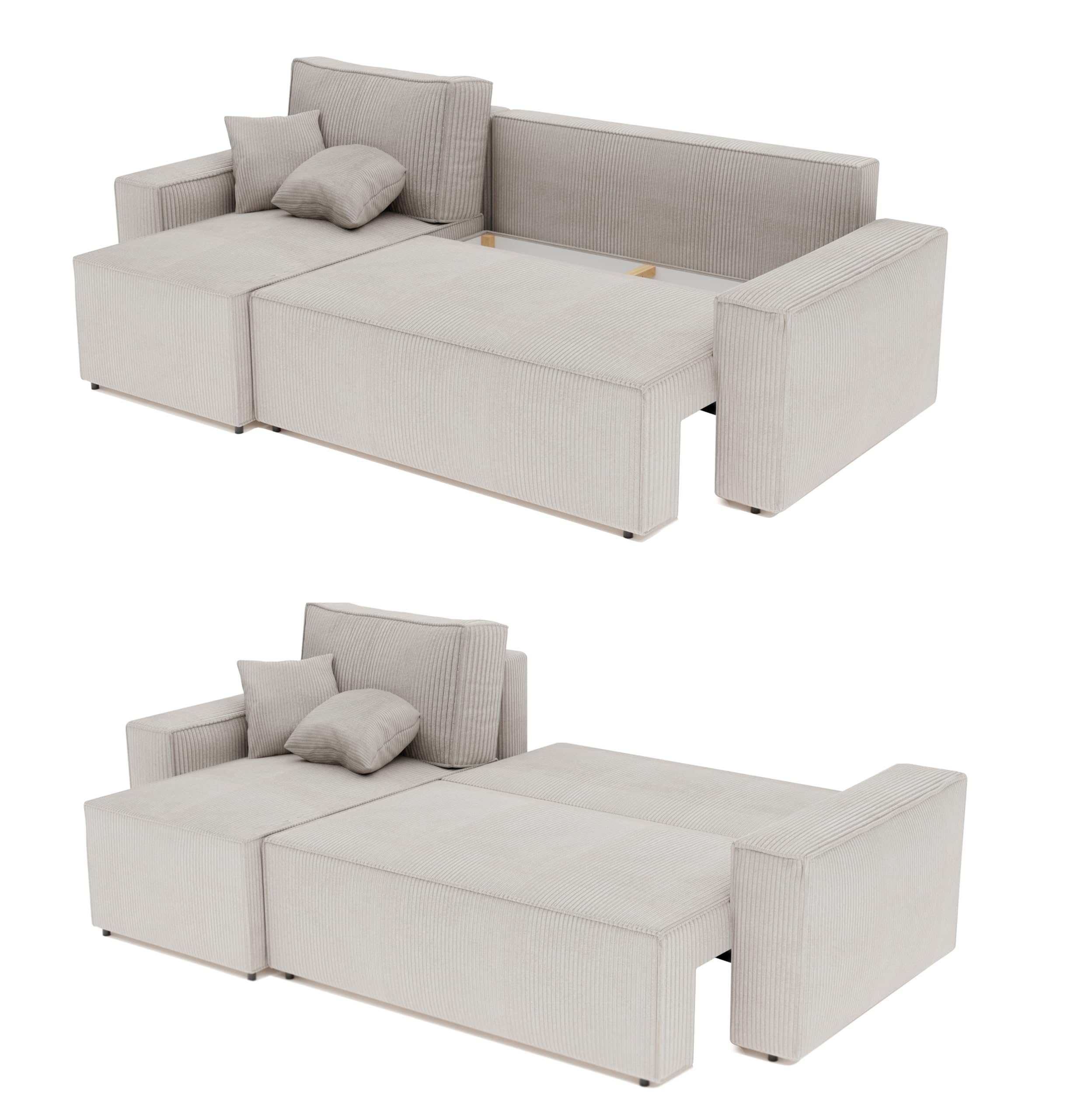 GREKPOL 244x145 Sofa mit Schlaffunktion (200x125) - Cord Sofa 3 Sitzer - Beige Ecksofa mit Schlaffunktion und Bettkasten - Schlafsofa mit Bettkasten - Couch
