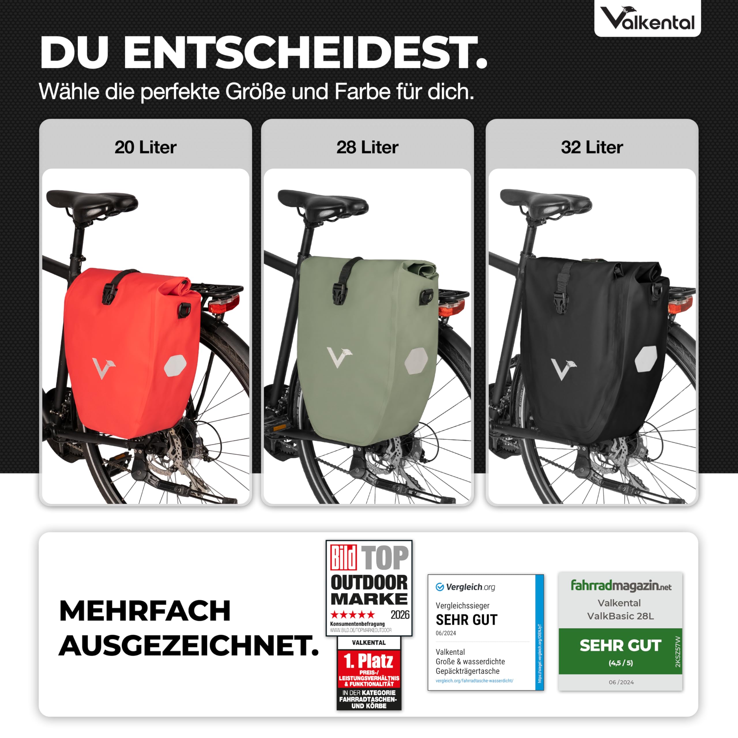 Valkental Große & wasserdichte Gepäckträgertasche - Fahrradtasche für Gepäckträger mit großen Reflektoren [Abschließbar] Bombenfester Sitz - Mehrfach ausgezeichnet - Gefertigt für Langlebigkeit