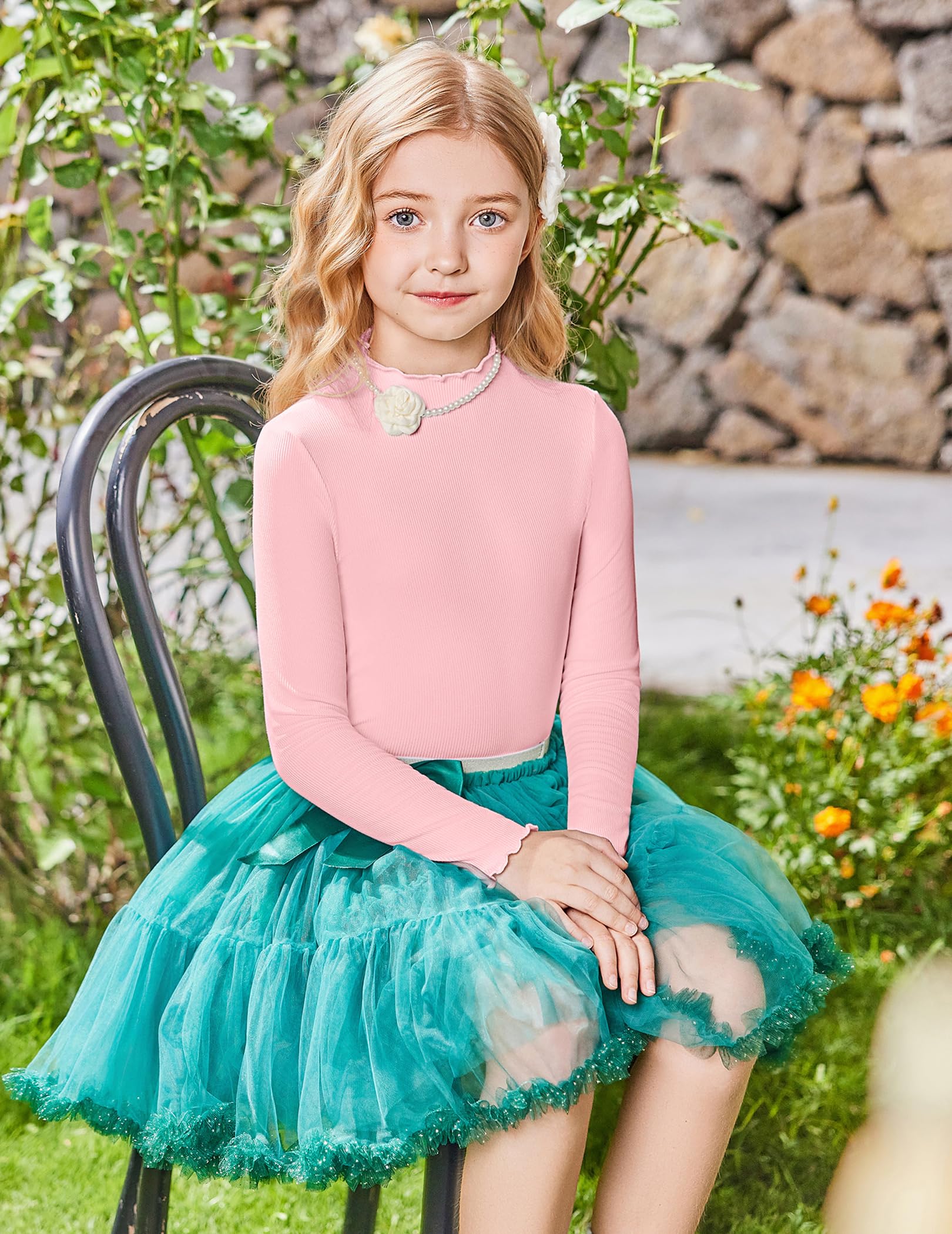 Arshiner Dziewczęca koszulka z długim rękawem, golf, falbanki, jednokolorowa, dziecięca koszulka basic, slim fit, podkoszulek 5-12 lat