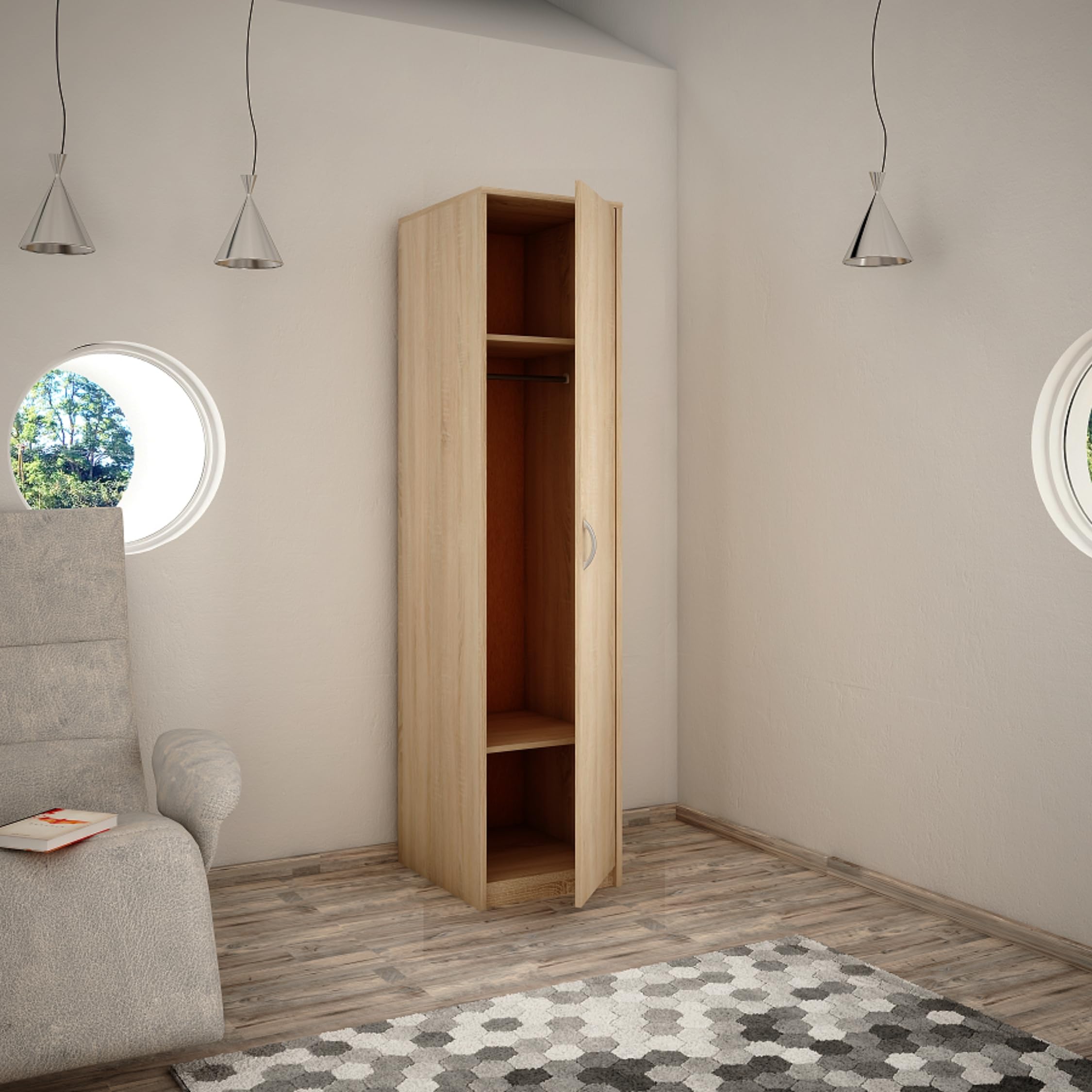 Home Collective Kleiderschrank mit 1 Tür, 1 Kleiderstange und 2 Einlegeböden, Garderobenschrank 45 cm breit Schrank schmal Matte Oberfläche, ideal für Schlafzimmer, Wohnzimmer, Flur | Sonoma
