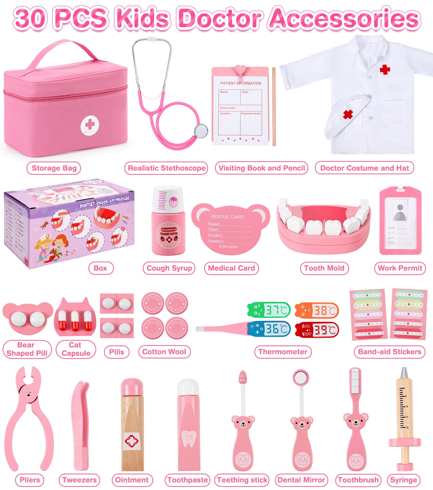 Valigetta Dottore Bambini | Giocattolo educativo in legno con Stetoscopio realistici | kit Dottoressa Bambina | Set di gioco per finta del dottore | Regalo Perfetto per il Gioco Imitazione