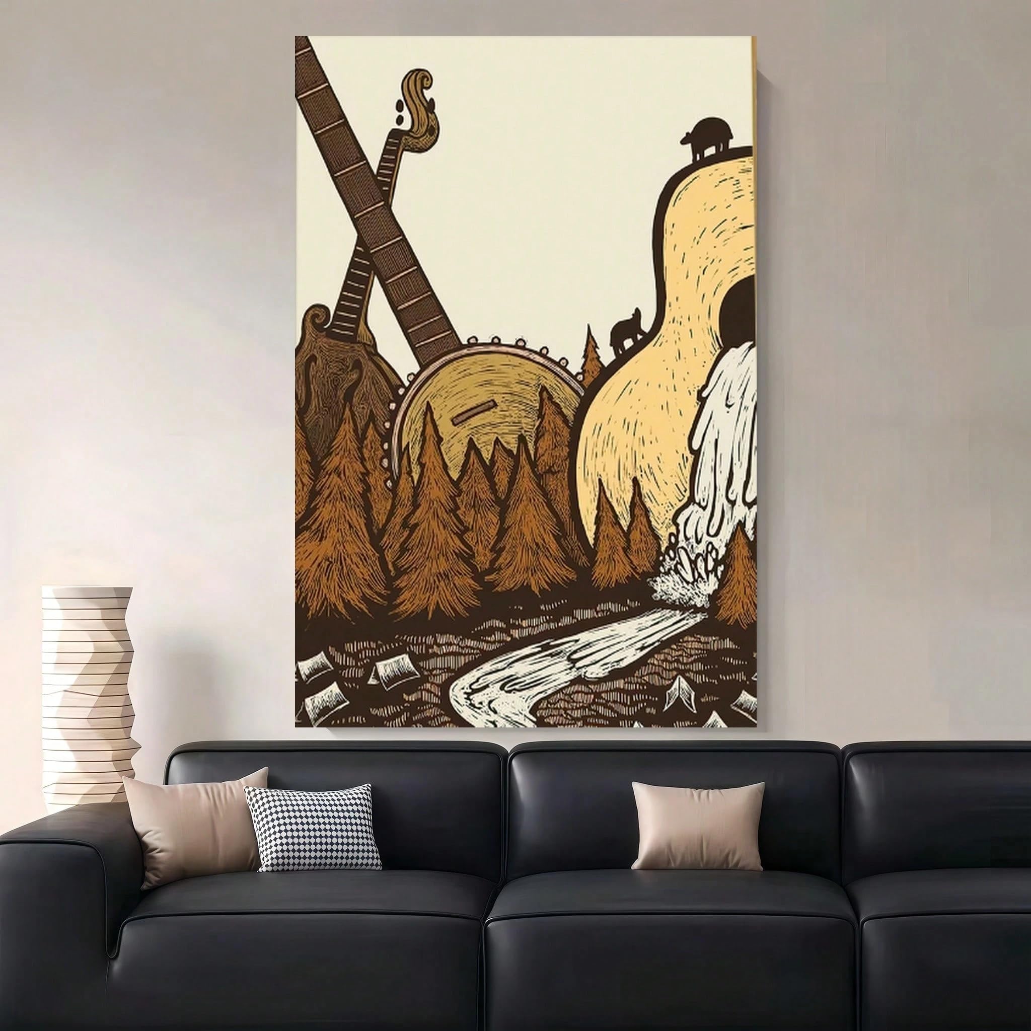 LYBCEOUG Quadro su tela con chitarra e paesaggio naturale a tema musica country (50x70 cm/con cornice)