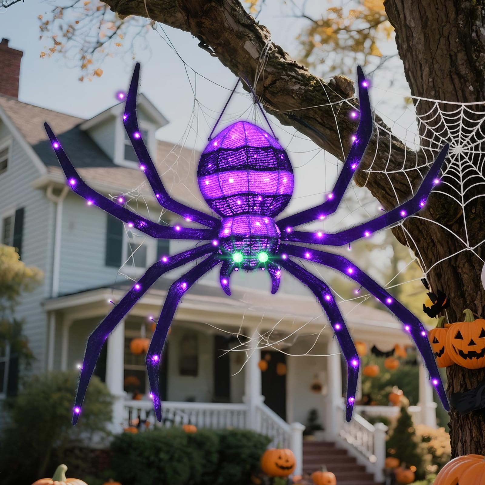 Araignée géante Halloween à 90 lumières LED noires grimpant au mur extérieure