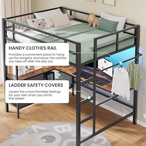 Miniatura 8 de DICTAC Cama tipo loft de tamaño full con escritorio en forma de L y estación de carga, cama alta de metal tamaño full con luces LED, estantes de