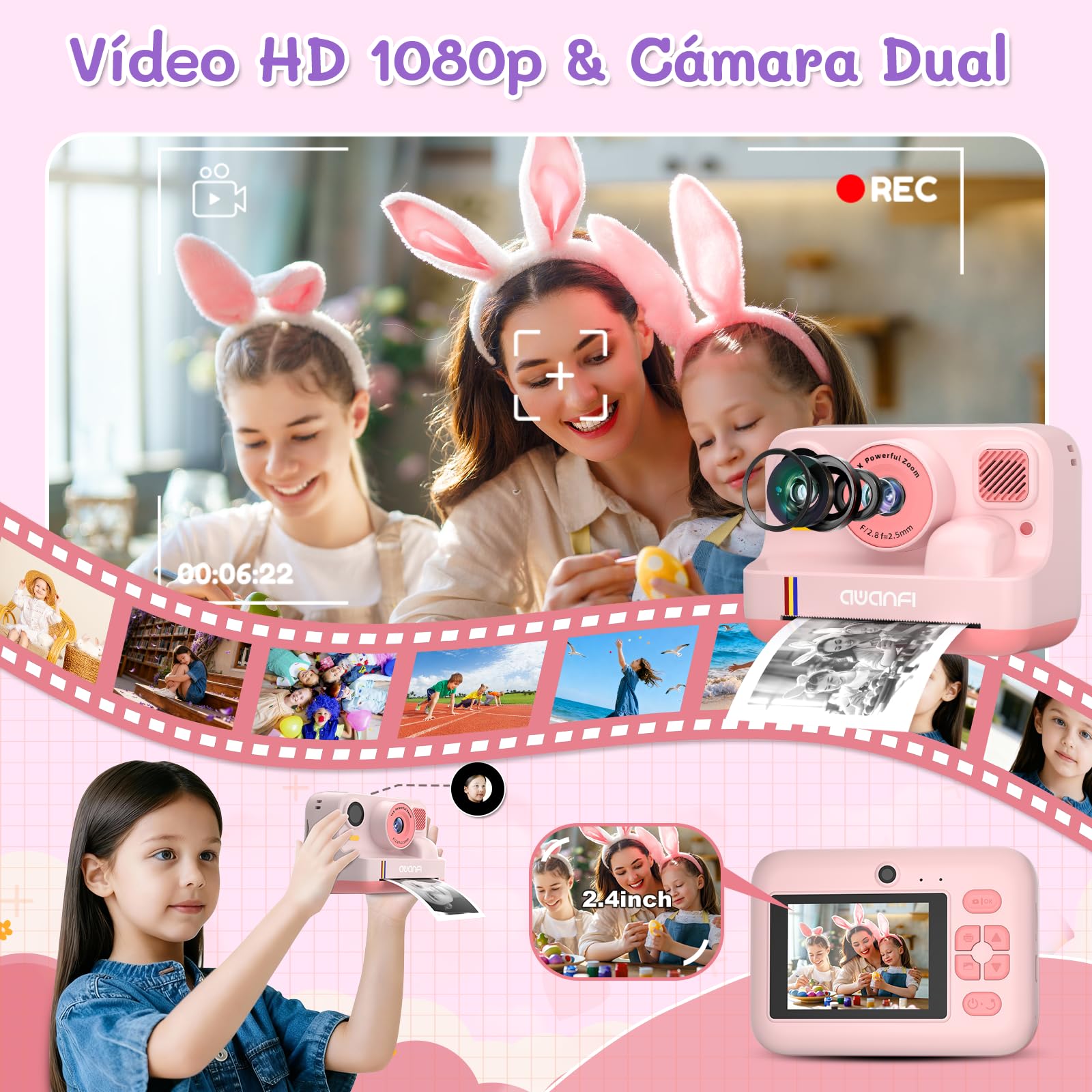 Camara Fotos Infantil Instantanea, 2,4 Pulgada Cámara de Fotos para Niños, con Tarjeta de 32G, 3 Rollos de Papel de Impresión, 1080P Cámara Instantánea, Regalo para Niños y Niñas de 3 a 12 Años