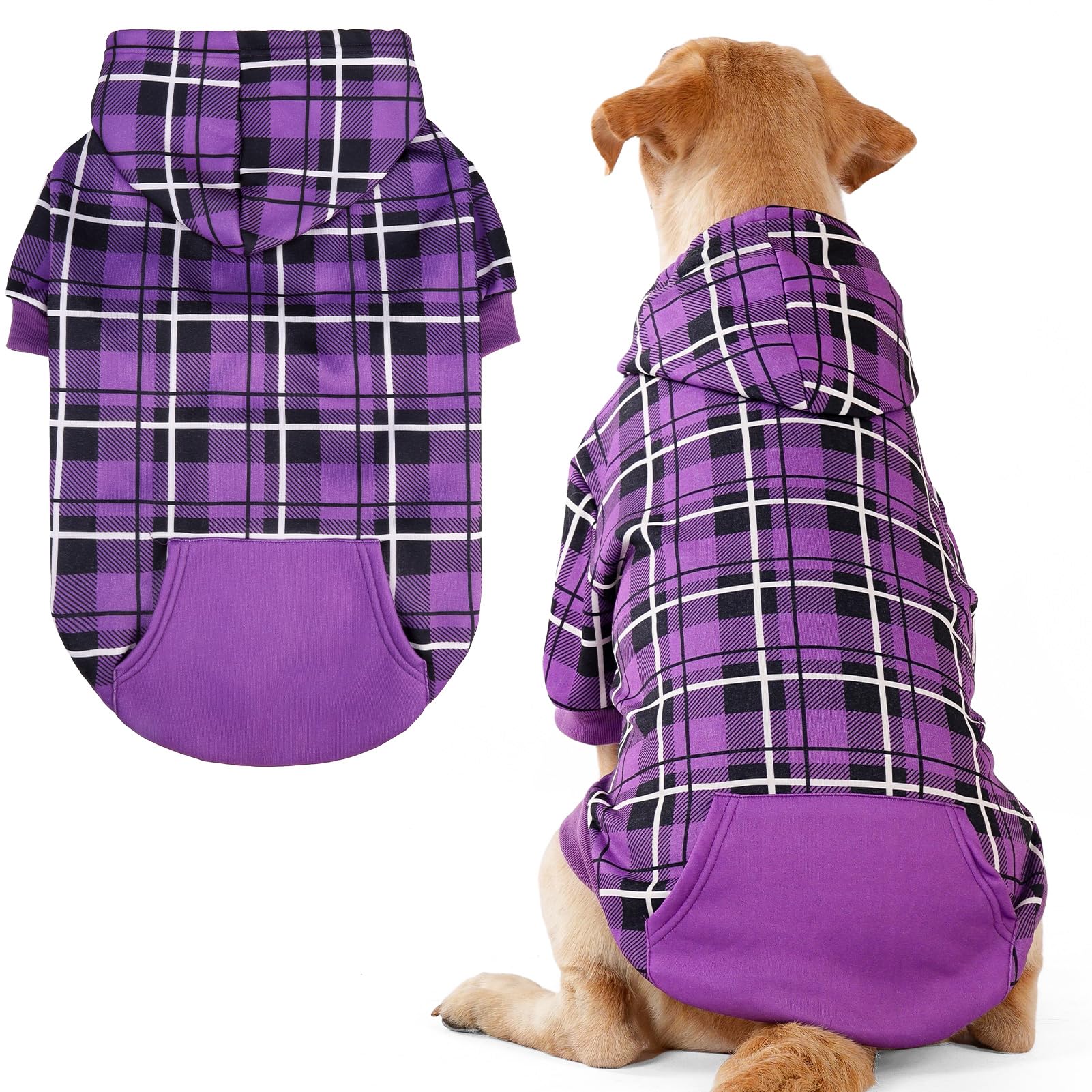 EXPAWLORER Plaid Dog Hoodie - British Style Warm Dog Sweater Shirt with Leash Hole,Pitbull Clothes Outfits,Winter Coat Apparel for All Breeds Puppy Girl Boy-Cat Apparel(Purple)
