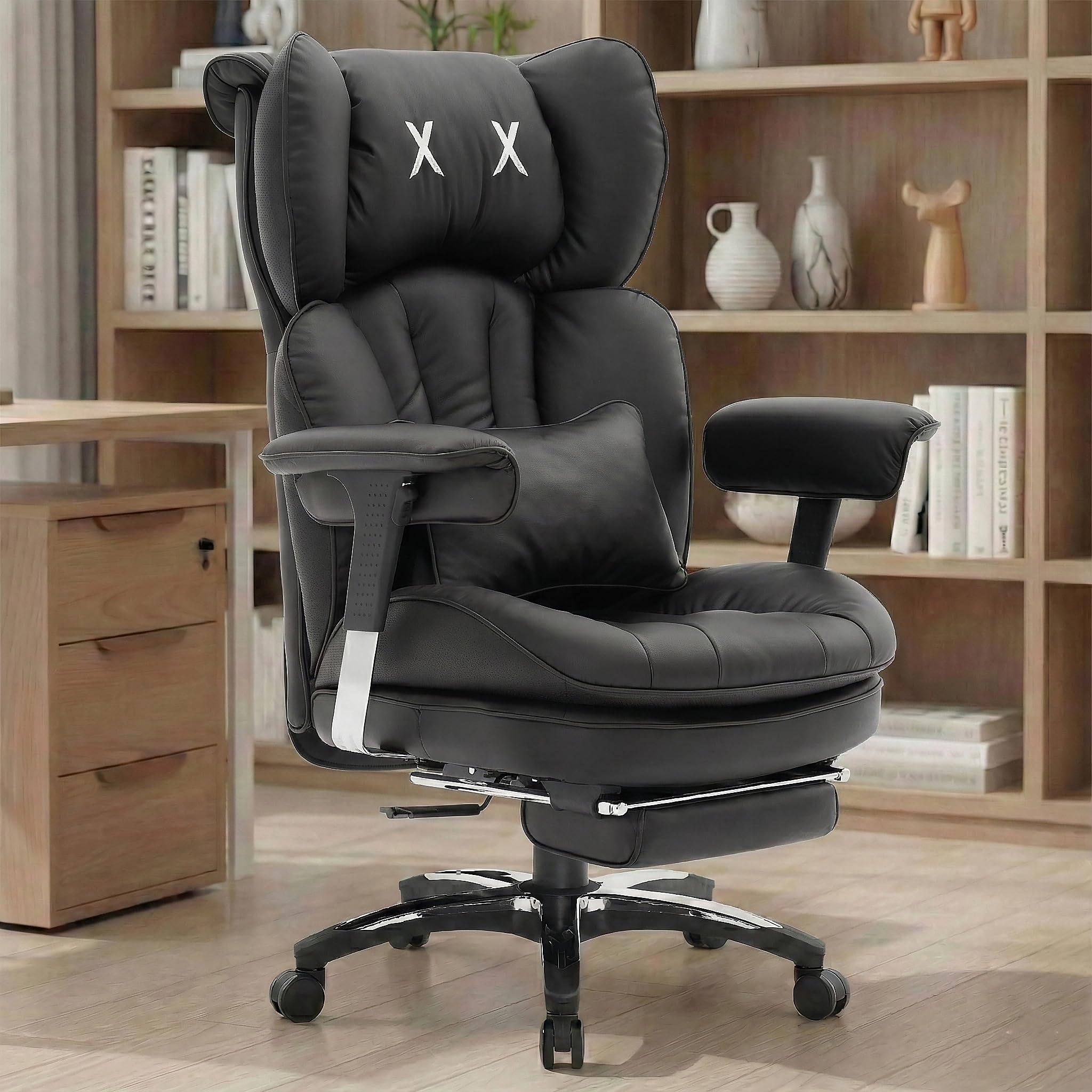 Desk Office Chair, X-Embroidery Big and Tall PU Leather Home Chair, Adjustable High Back Computer Gaming Chair, 200kg Swivel Executive Office Chair with Footrest and Lumbar Support, BLACK