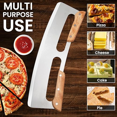 Miniatura 6 de SCHVUBENR Cortador de pizza de 14 pulgadas con asas de madera, cortador de pizza de acero inoxidable afilado con cubierta cómoda, rueda cortadora de