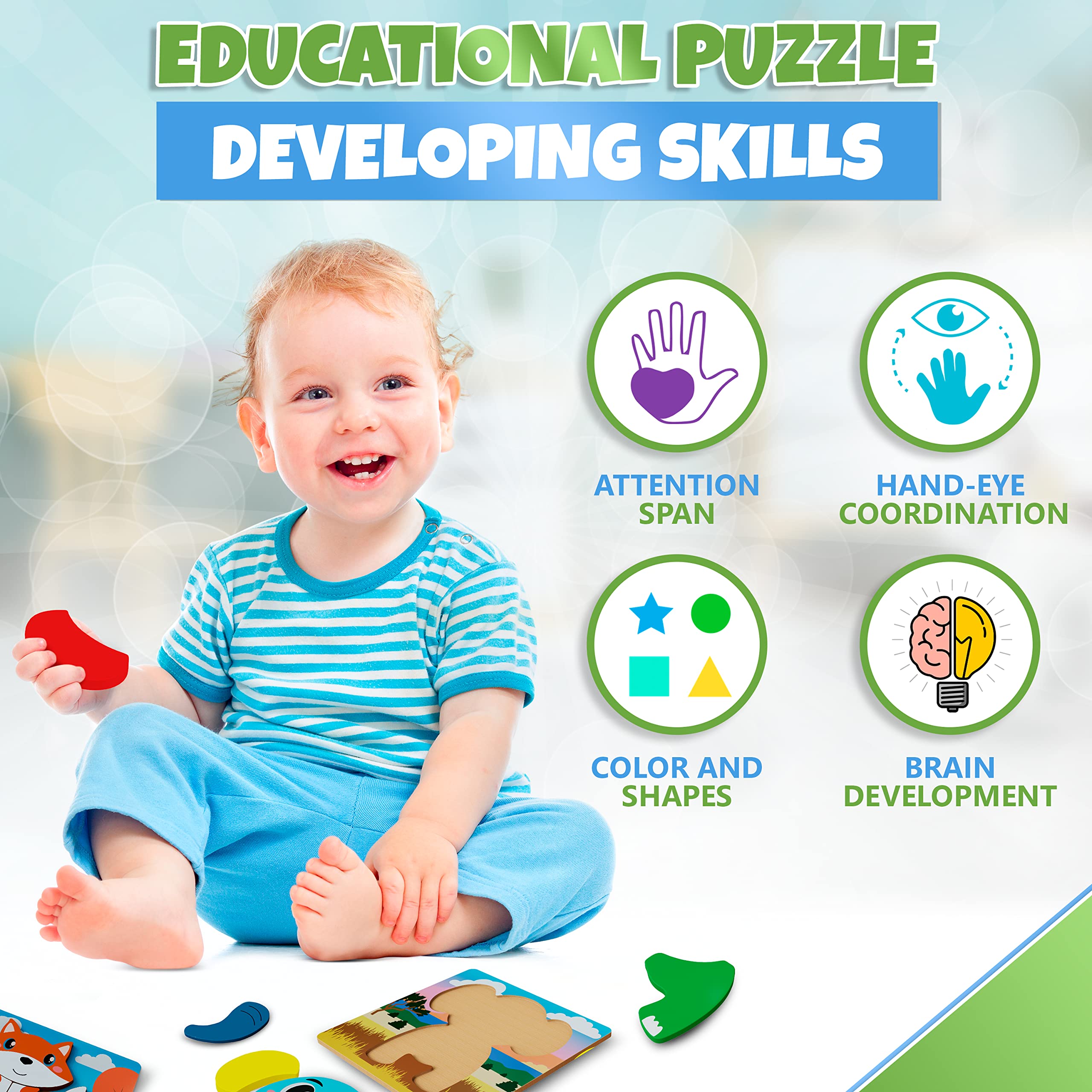 ToyerZ New Wooden Puzzle Toddler Toys - Educational and Learning Montessori Toys for Boys and Girls, 4 Unique Animal Patterns - Preschool Jigsaw Puzzles for Toddlers, Great Birthday Gift for Kids 2-5