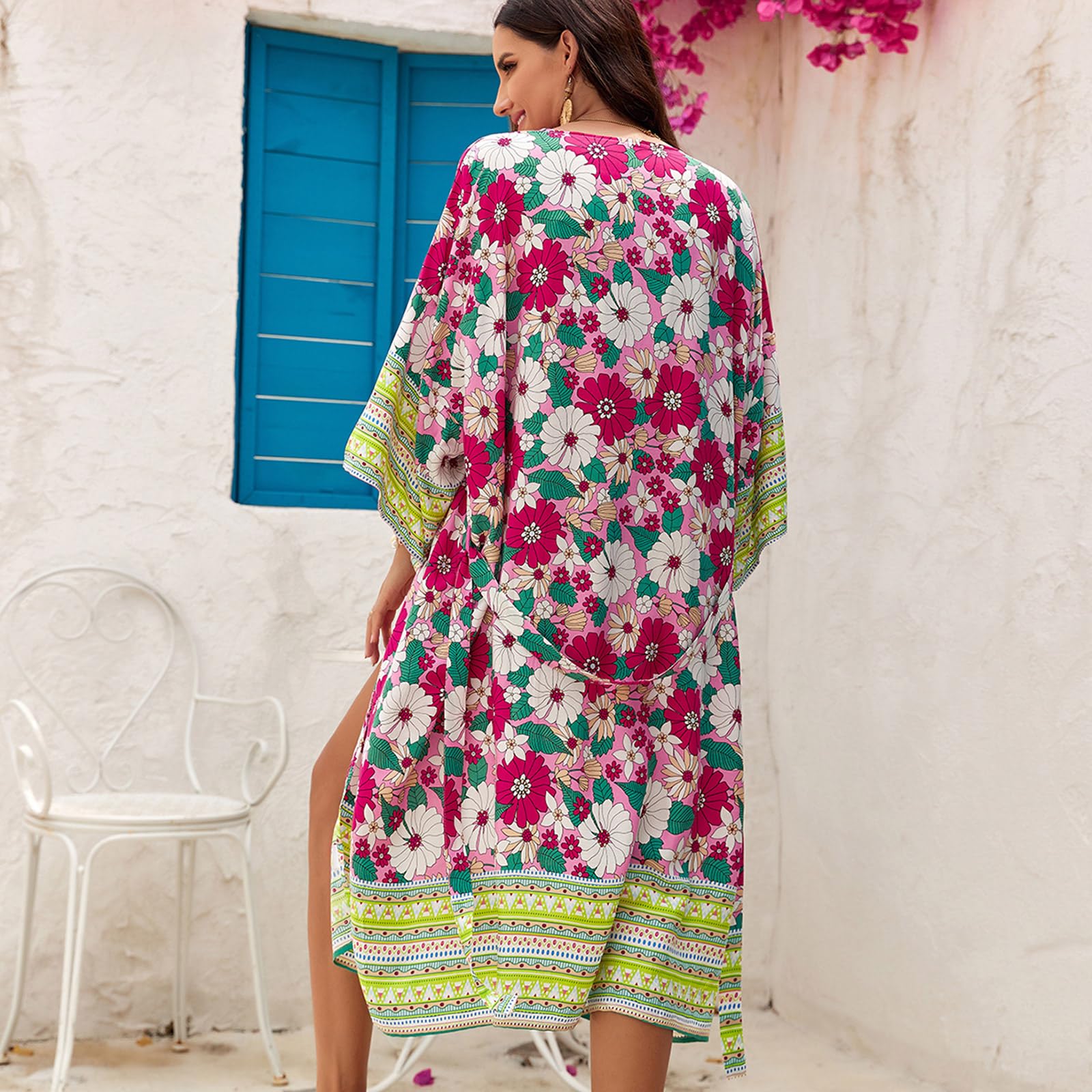 Cárdigan de playa para mujer con banda en la cintura, kimono largo de flores, frente abierto, cárdigan de playa
