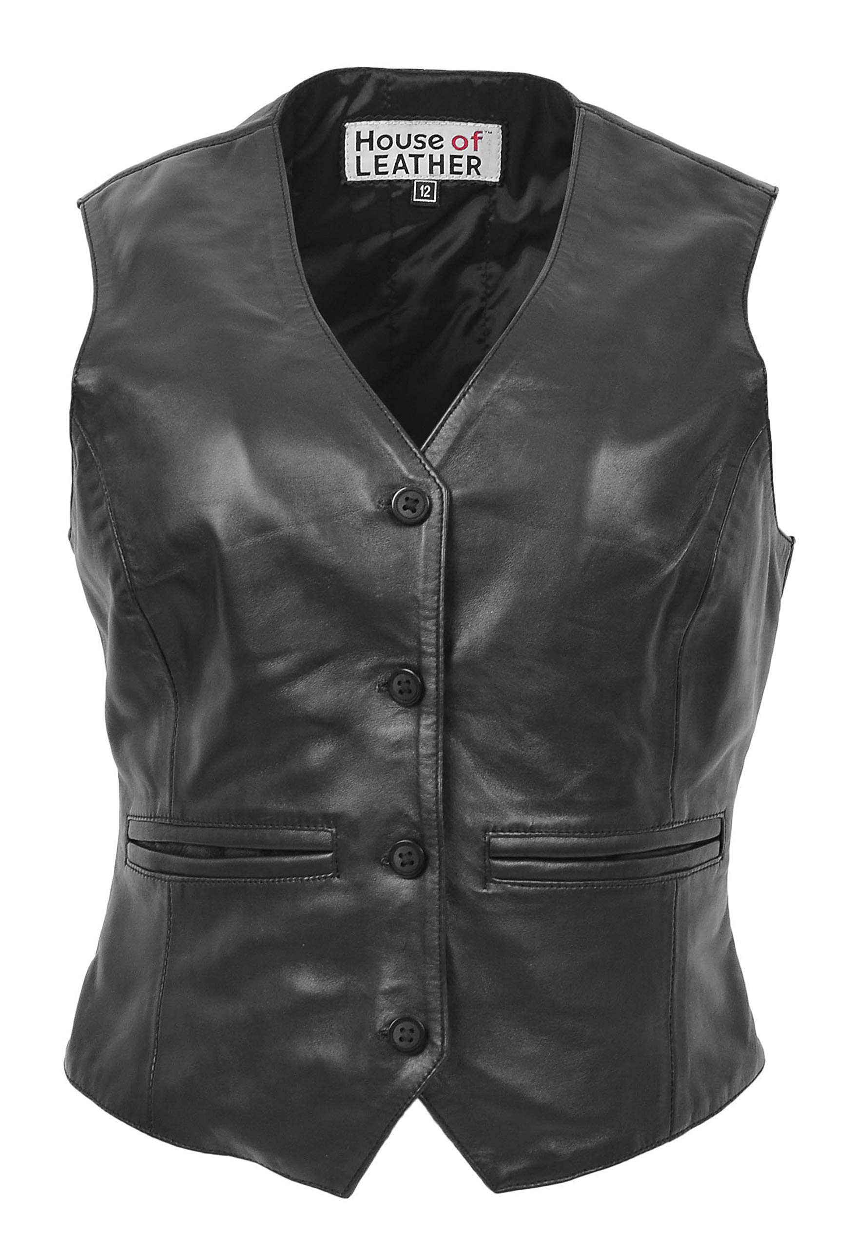House Of Leather Women's Black Real Leather Waistcoat Button Fastening Traditional Style Rita (16, )