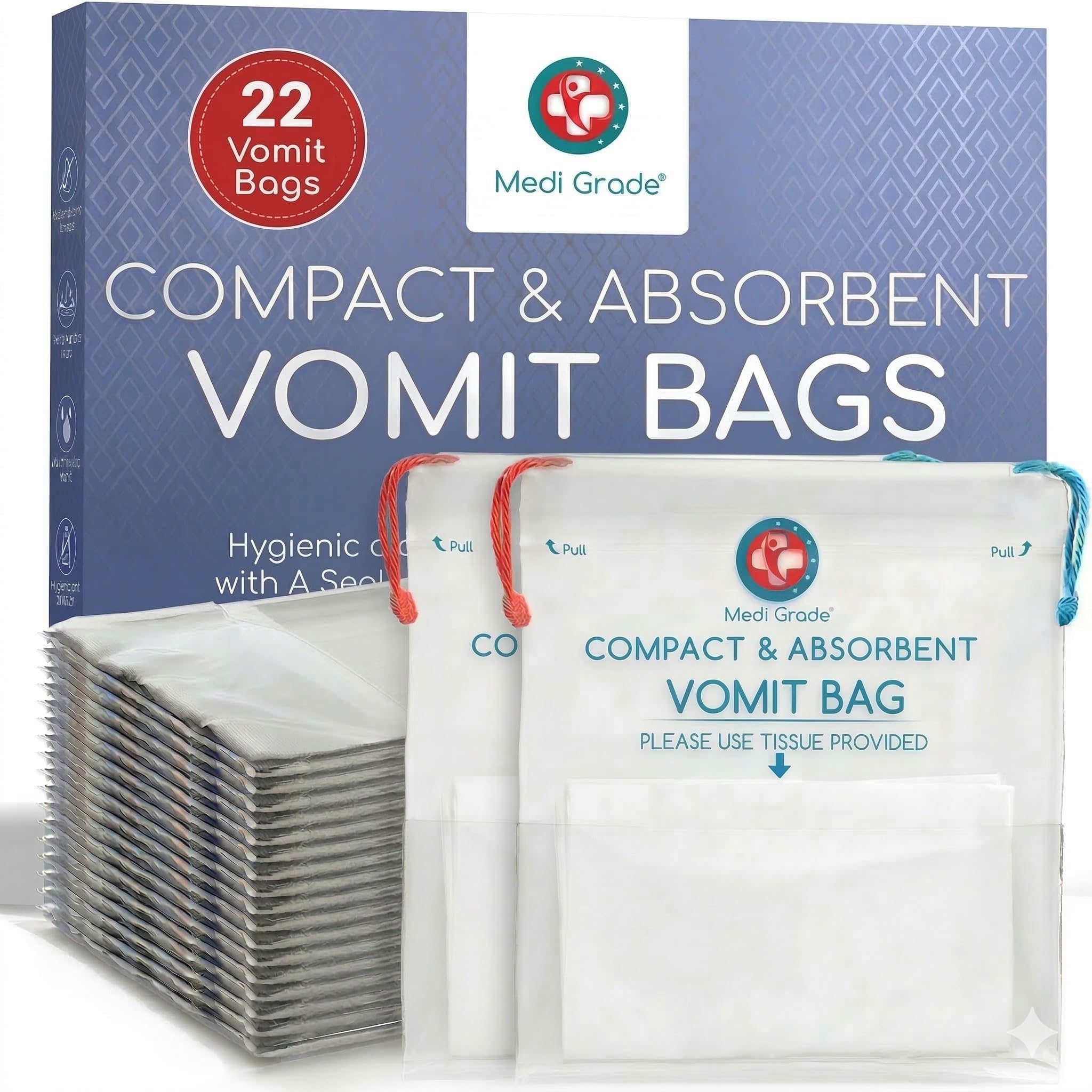 Medi Grade Absorbent Sick Bags for Car Travel, Boat or Plane - Pack of 22 Leakproof Travel Sickness Vomit Bags with Zero Odour – Sealable Travel Sick Bags, Turns Vomit to Gel, Holds Up to 750ml