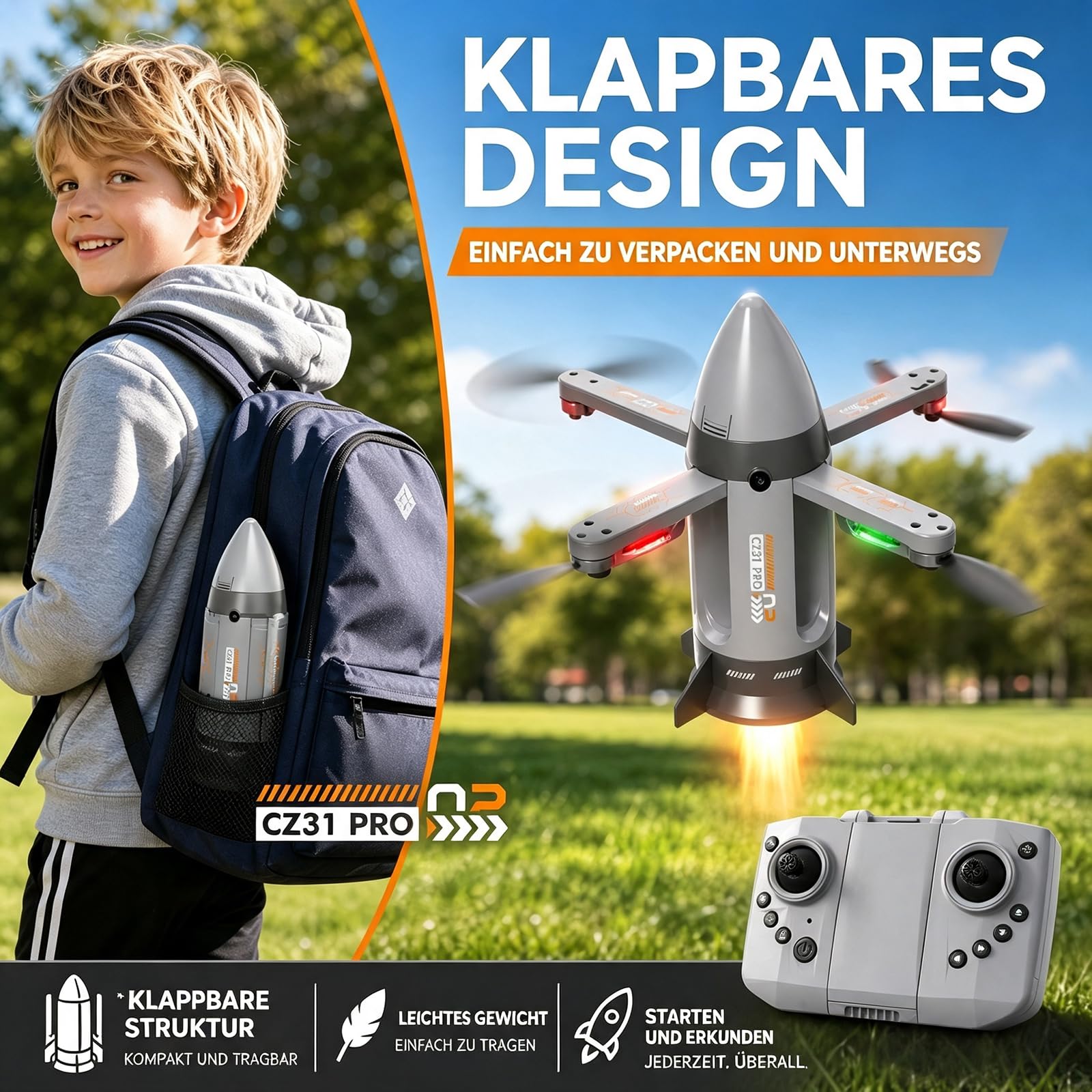 Bürstenlose Faltbare RC Drohne mit Raketen-Sprühfunktion, LED-Licht Kamera Drohne für Erwachsene Kinder, 4-Achsen-Flugzeug mit Höhenhaltung, Fernsteuerung Raumfahrt Flugzeug für Outdoor (Grau)