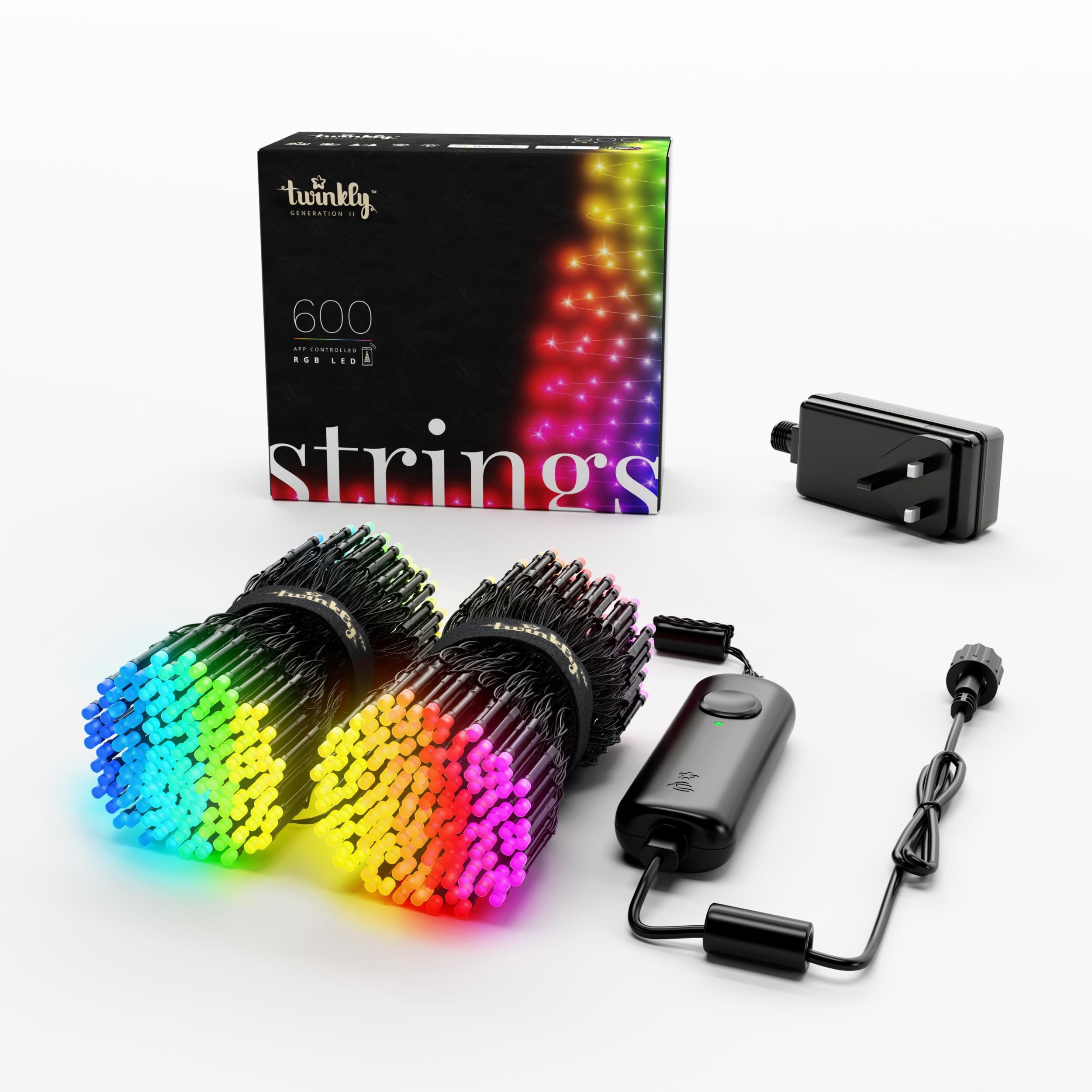 Twinkly Strings 600 LED RGB, LED Light String for in- and Outdoor, Christmas Lights, Smart LED Lights, Mappable LEDs, Compatible with Alexa and Google Home, IP44, Controlled by App, Black Wire, 48m