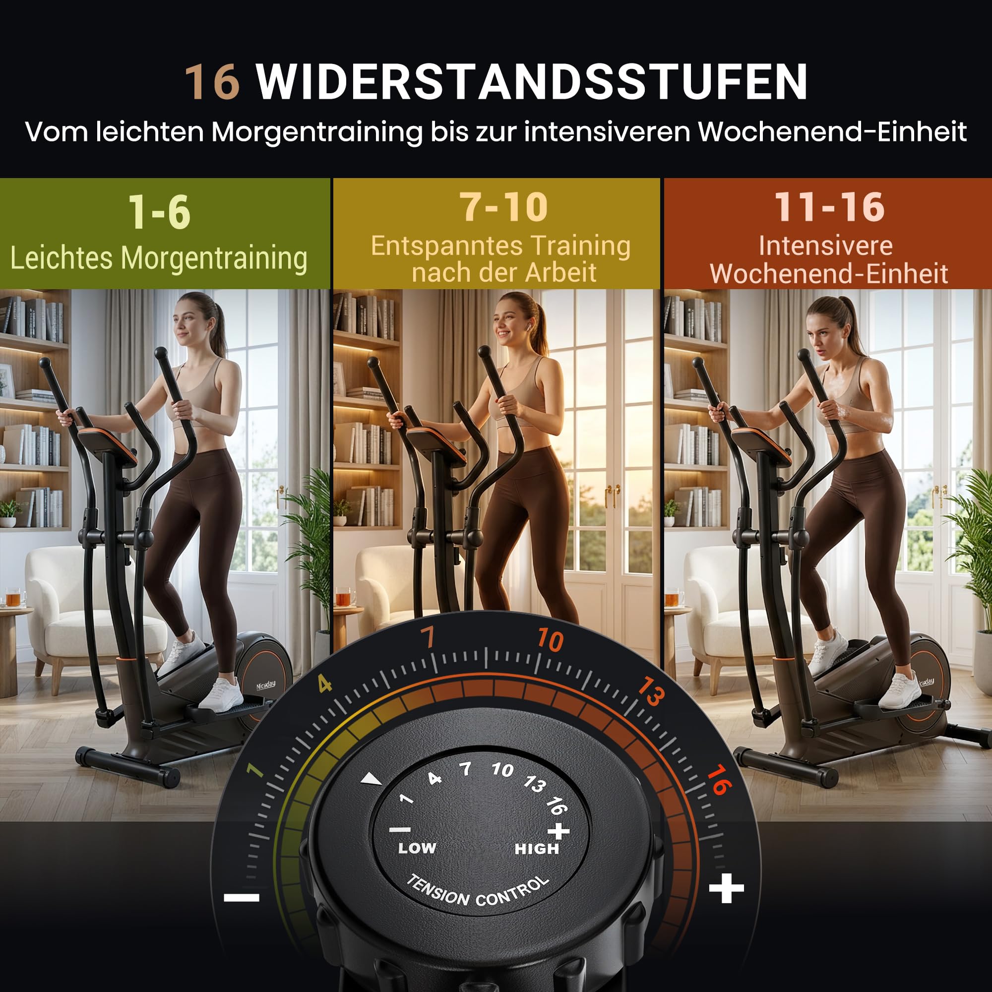 Ellipsentrainer mit 51 cm Schrittlänge, Crosstrainer für Zuhause, 32 Magnet-Widerständen und 20-stufiger Power-Incline (Black+Gold)