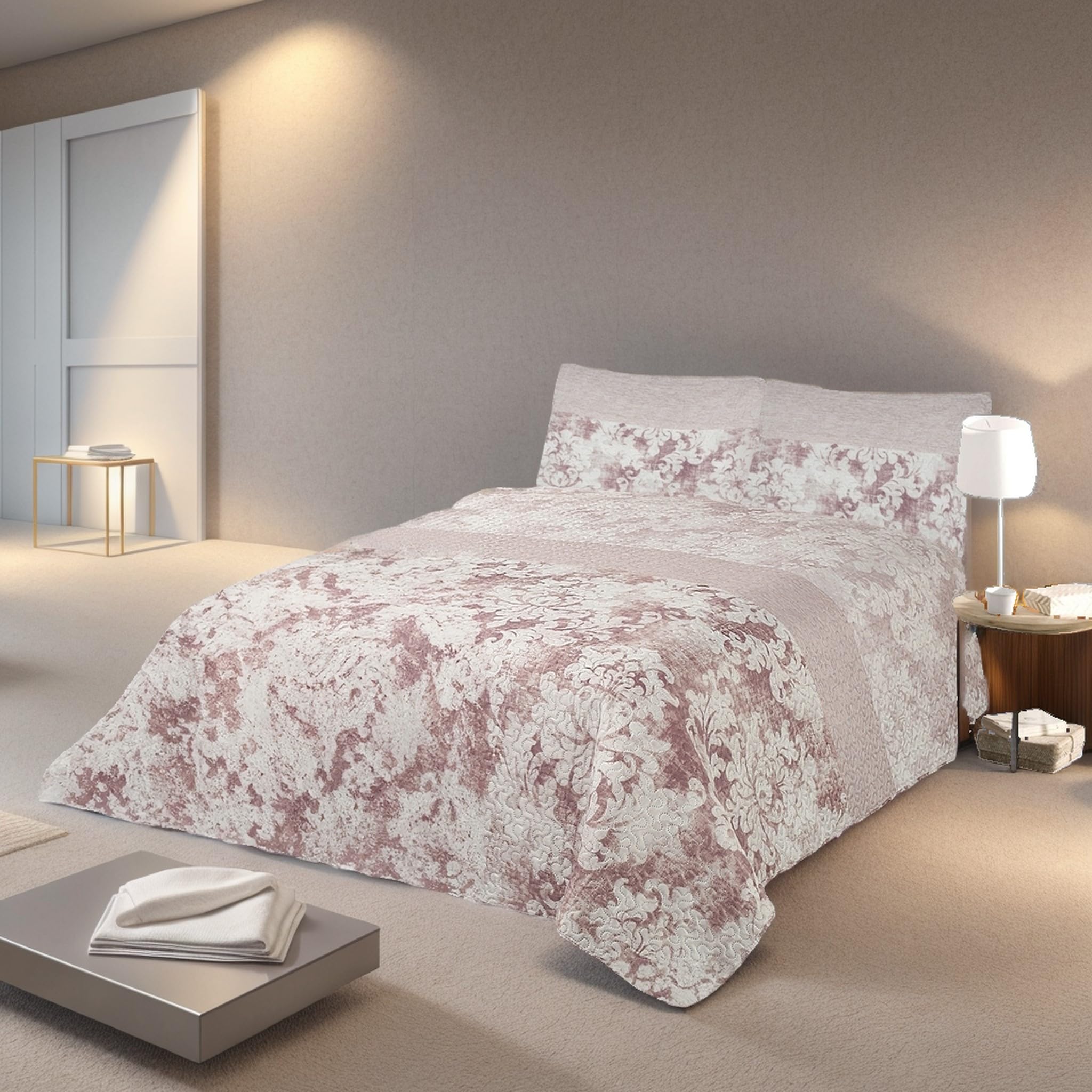 Colcha Bouti 250x260cm Reversible Estampada 100% Microfibra Extra Suave Colcha Cubre Cama Multiusos para Primavera y Verano Incluye 2 Fundas de Cojín, Cama 140/150/160cm - Rosa Acuarela