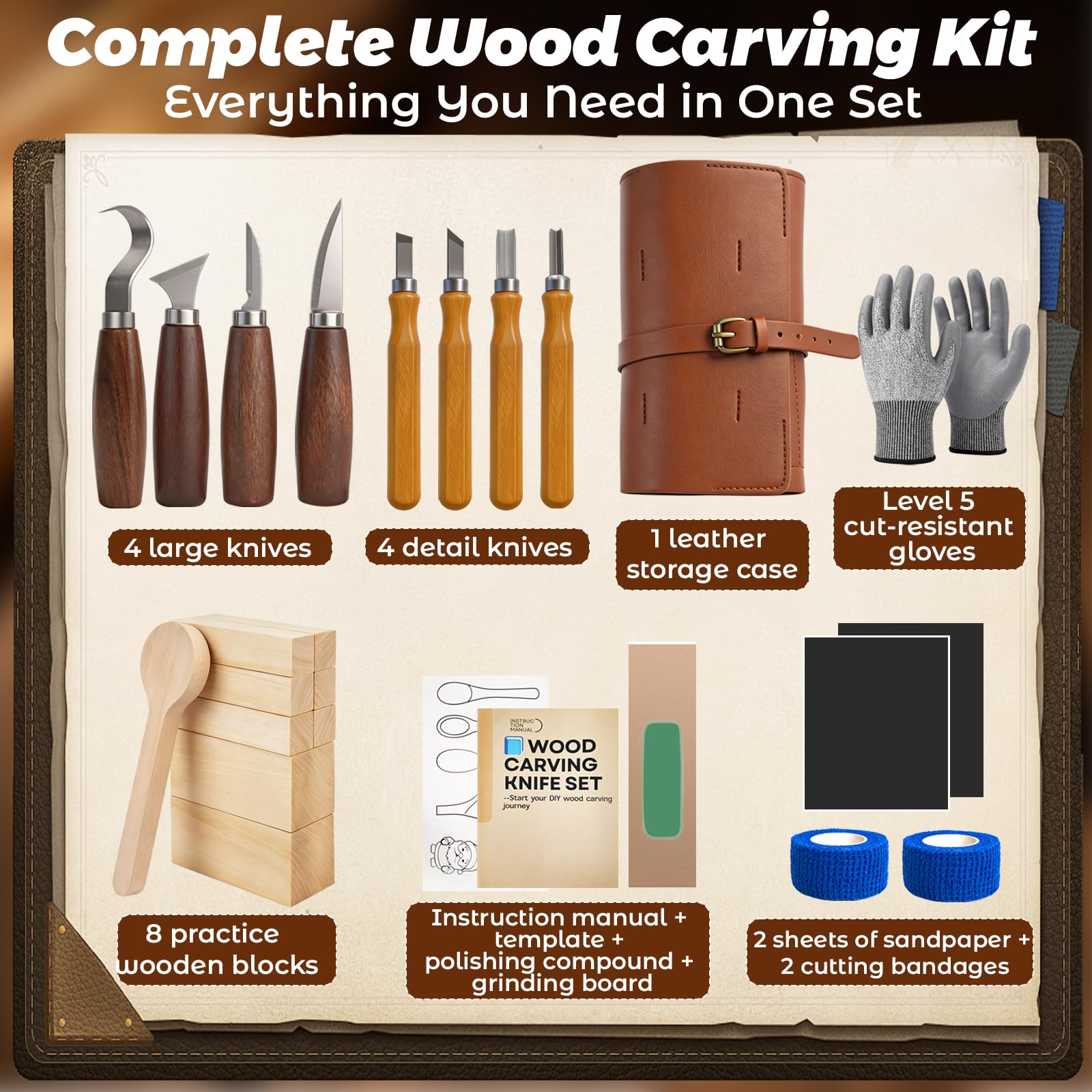 HA BIN Kit de Sculpture sur Bois 25 pièces, Set Complet pour Débutants avec Couteaux de Sculpture, Pierre à Aiguiser, Gants, Bloc de Bois de Tilleul & Sac de Rangement, Kit pour Adultes