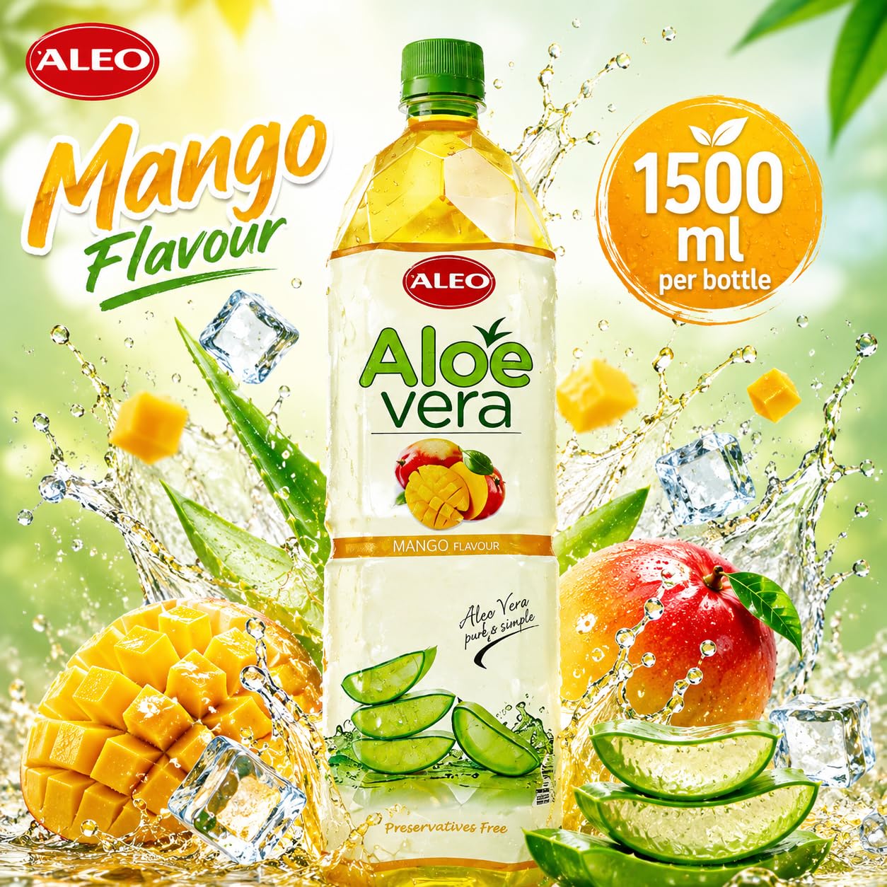 ALEO 1.5L Premium Mango Aloe Vera Drink - Natural, No Preservatives, No Artificial Colors Superior Taste Award 2025