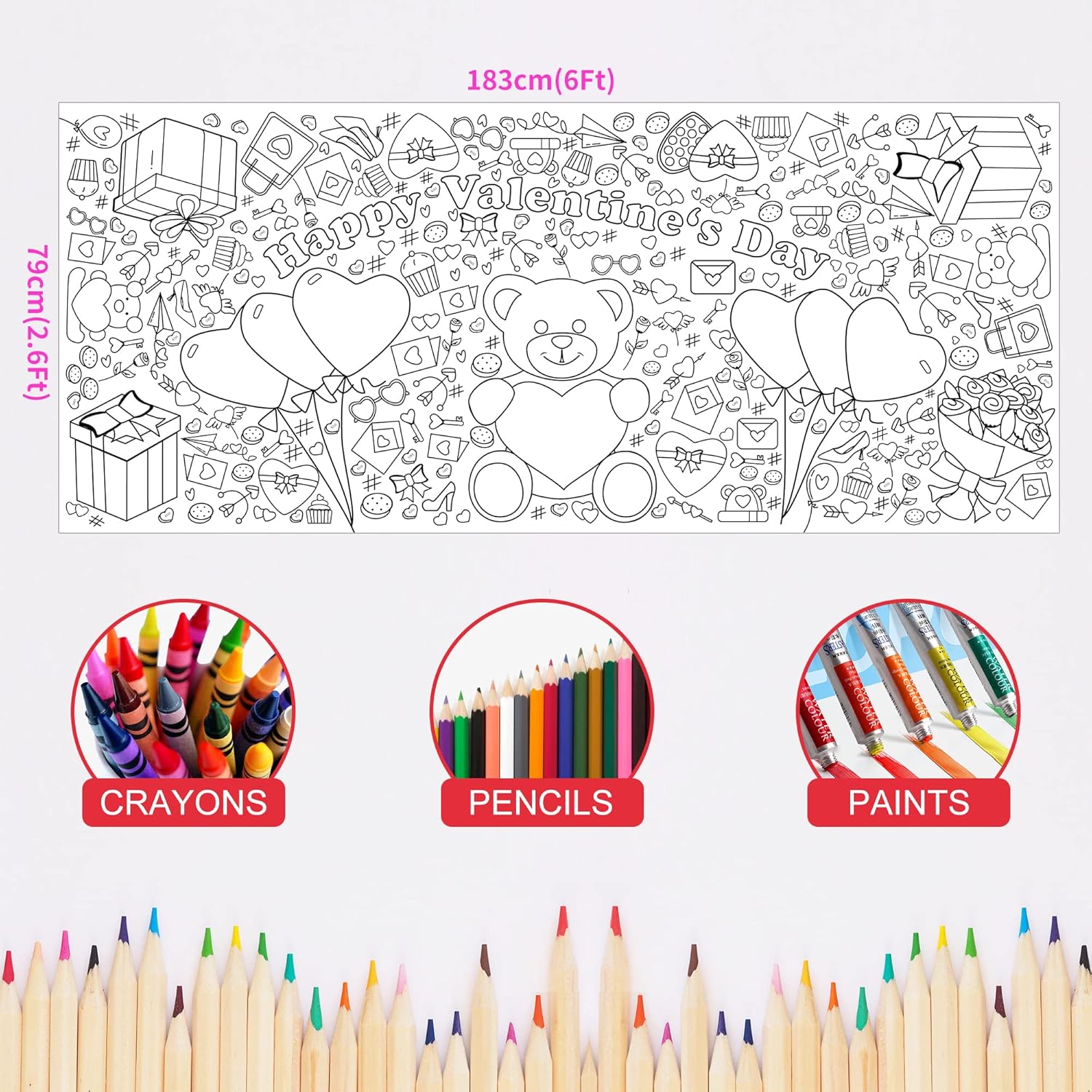 OHOME Giant Valentine's Day Poster/Tablecloth for Families - 30 x 72 Inches Jumbo Paper Coloring Banner or Tablecover for School Parties or Events,Valentines Day Gifts for Kids