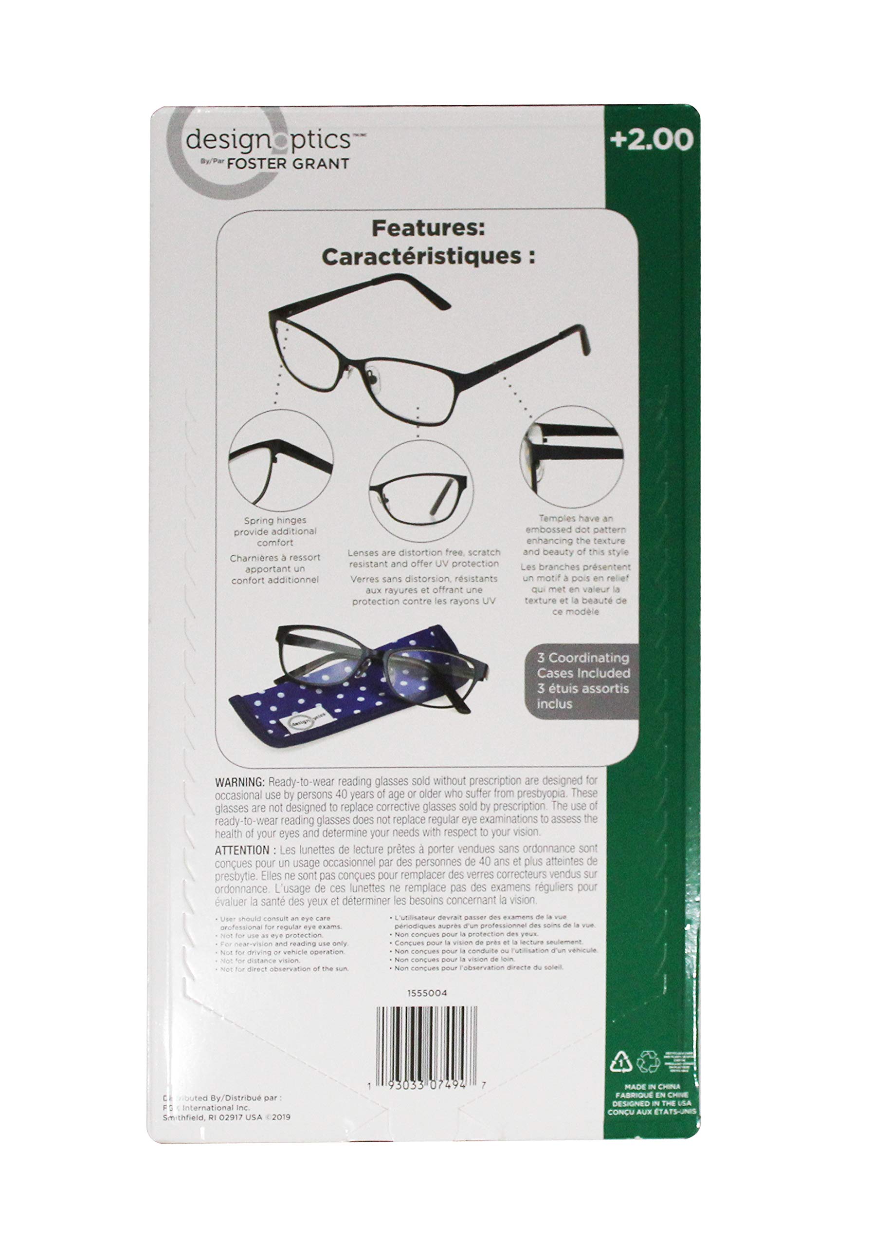 Foster Grant Design Optics full frame ladies fashion eyewear, pack of 3 (+2.00)