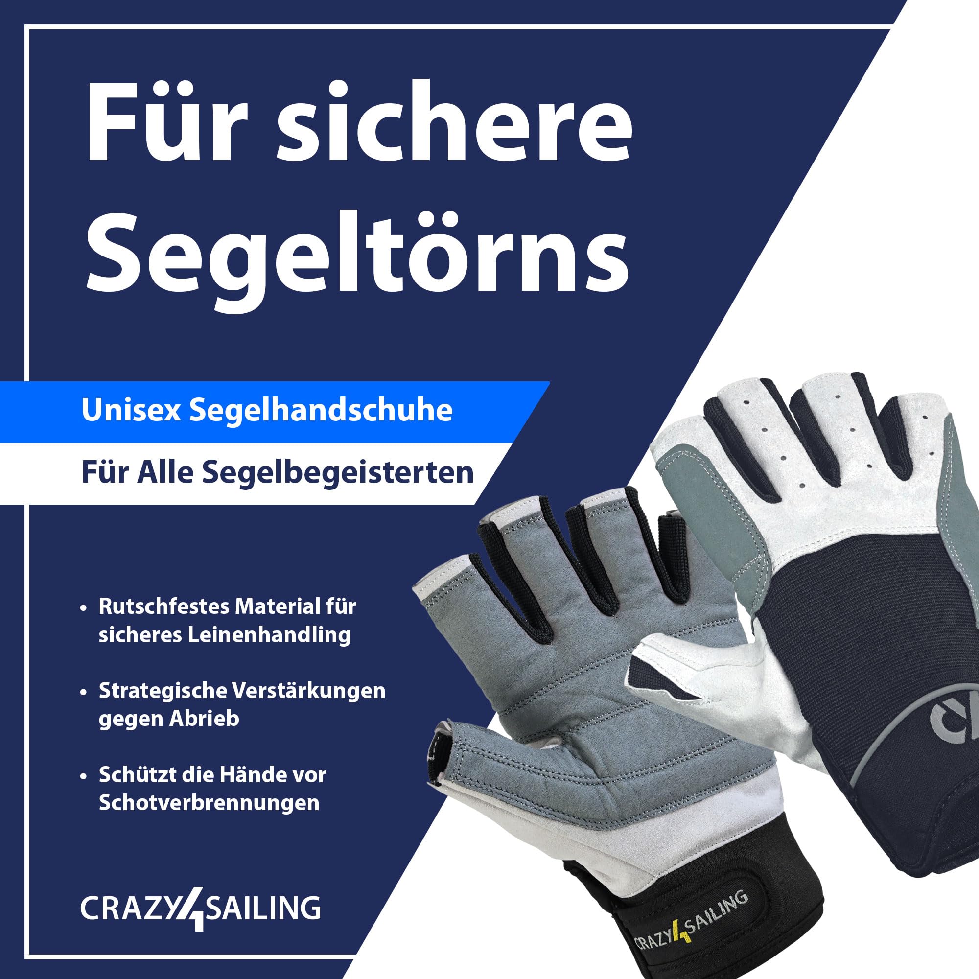 crazy4sailing Segelhandschuhe Herren & Damen Regatta – Profi Kurzfinger für Segeln, Kajak & Fahrrad – Maximaler Grip durch High-Tech Verstärkung – Ergonomisch & Abriebfest