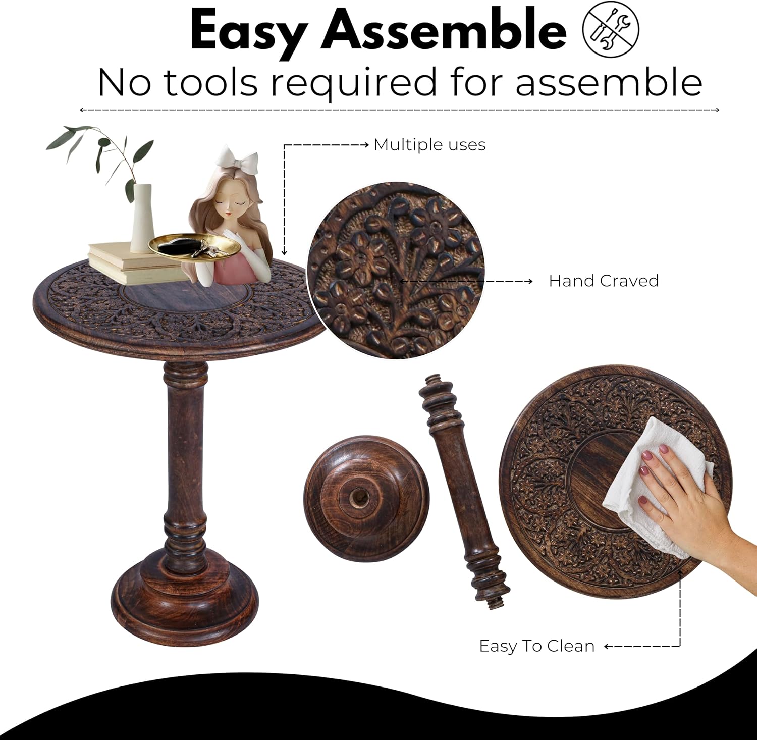 Side Table for Living Room – 18x22 Inch Hand-Carved Mango Wood End Table, Decorative Pedestal Nightstand Accent Table, Rustic & Vintage Natural Burnt Finish