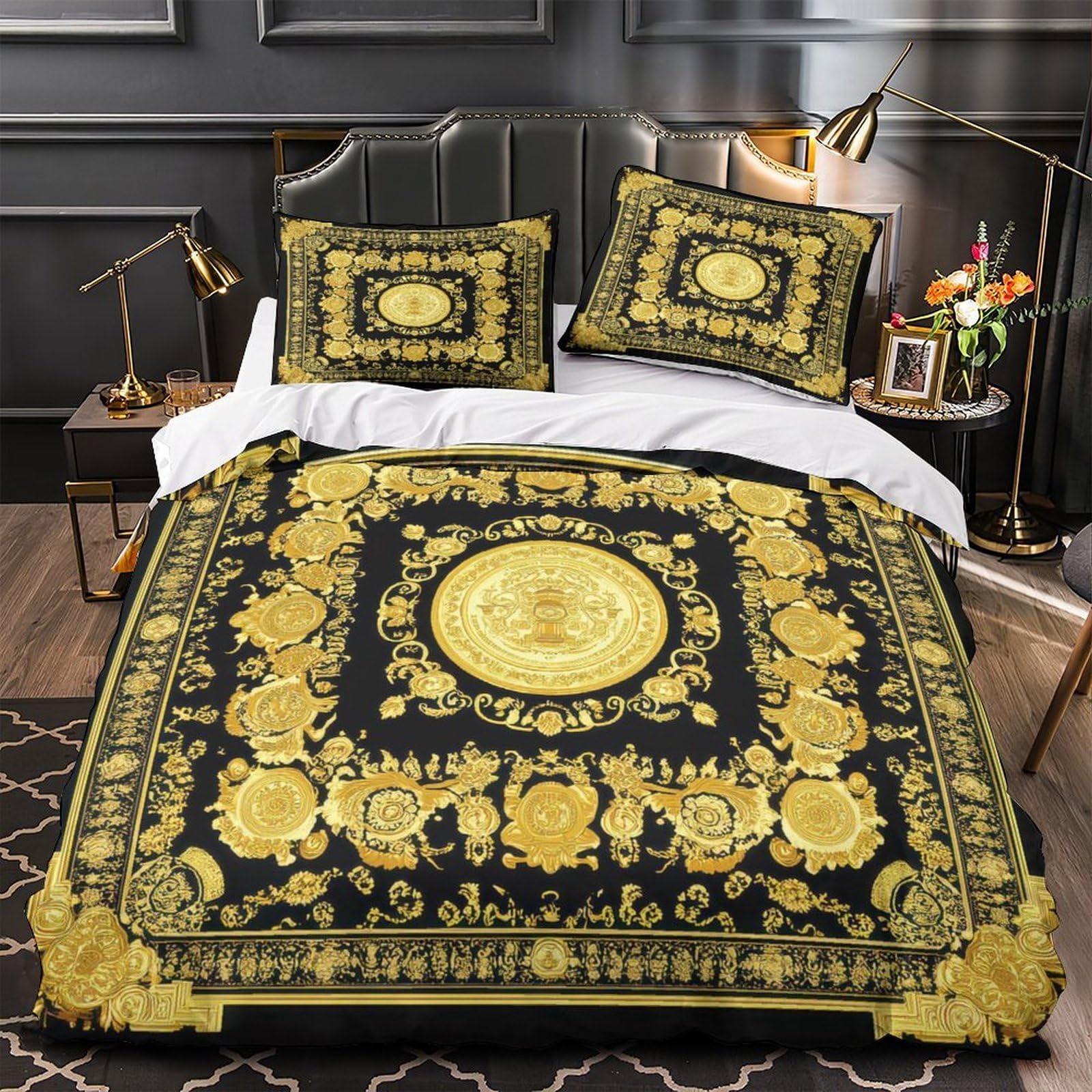 Parure de lit microfibre 135x200cm avec housse de couette baroque à motif cadre doré