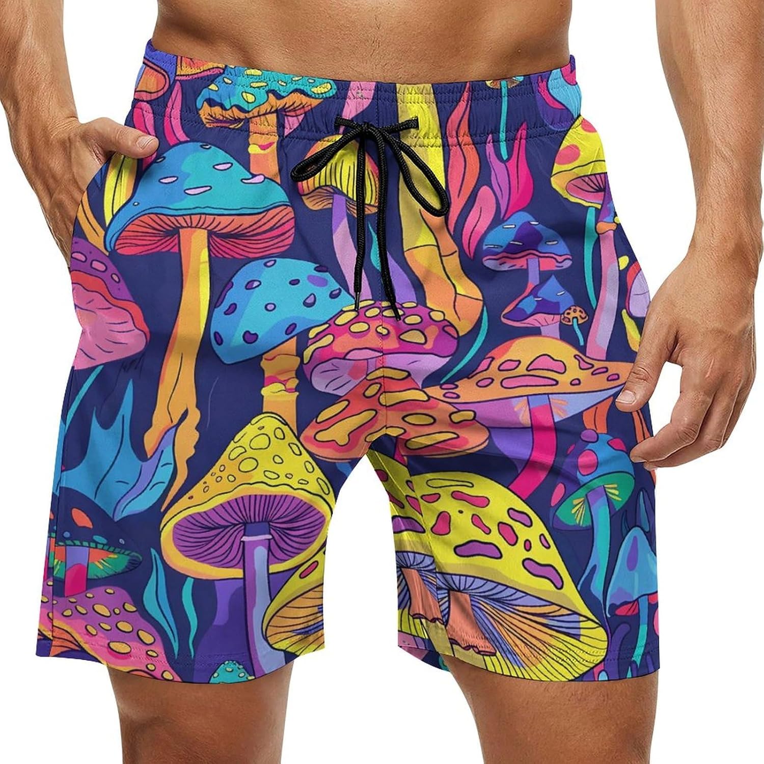 Psychedelic Mushroom Casual Men's Swim Trunks Novelty Summer Beach Shorts Swimwear with Pocket