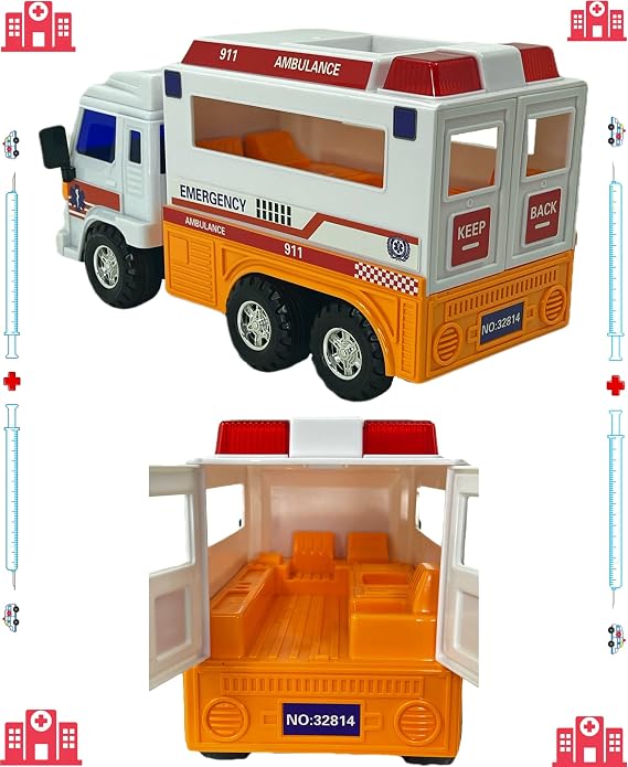 Big-Daddy Meduim Duty Friction Powered 911 Ambulance Toy Truck with Open and Close Back Doors for More Fun Play Time