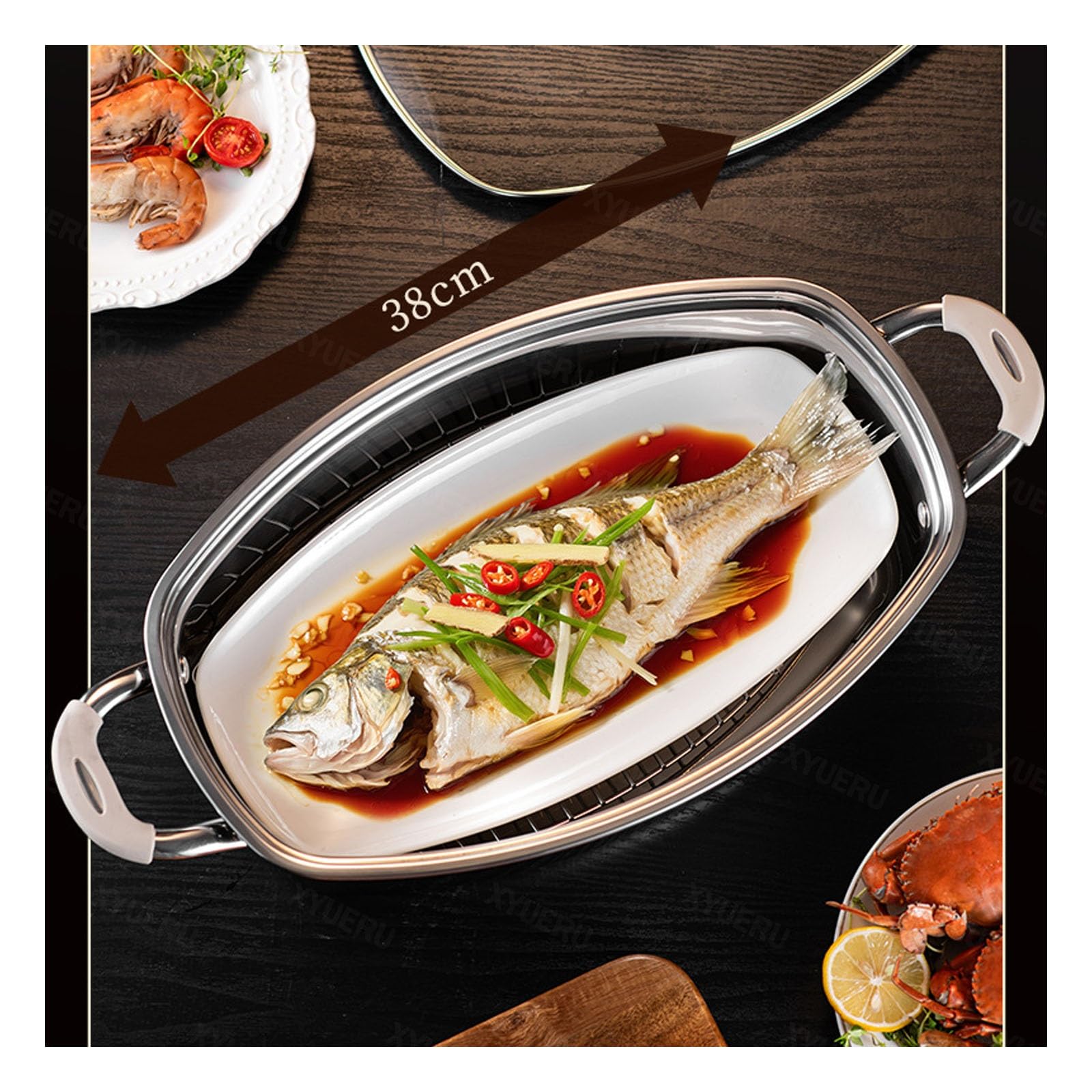 Pentola per pesce a vapore, in acciaio inox, ovale, con coperchio, pentola multiuso per cuocere a vapore pesce, zuppa bollente e frutti di mare
