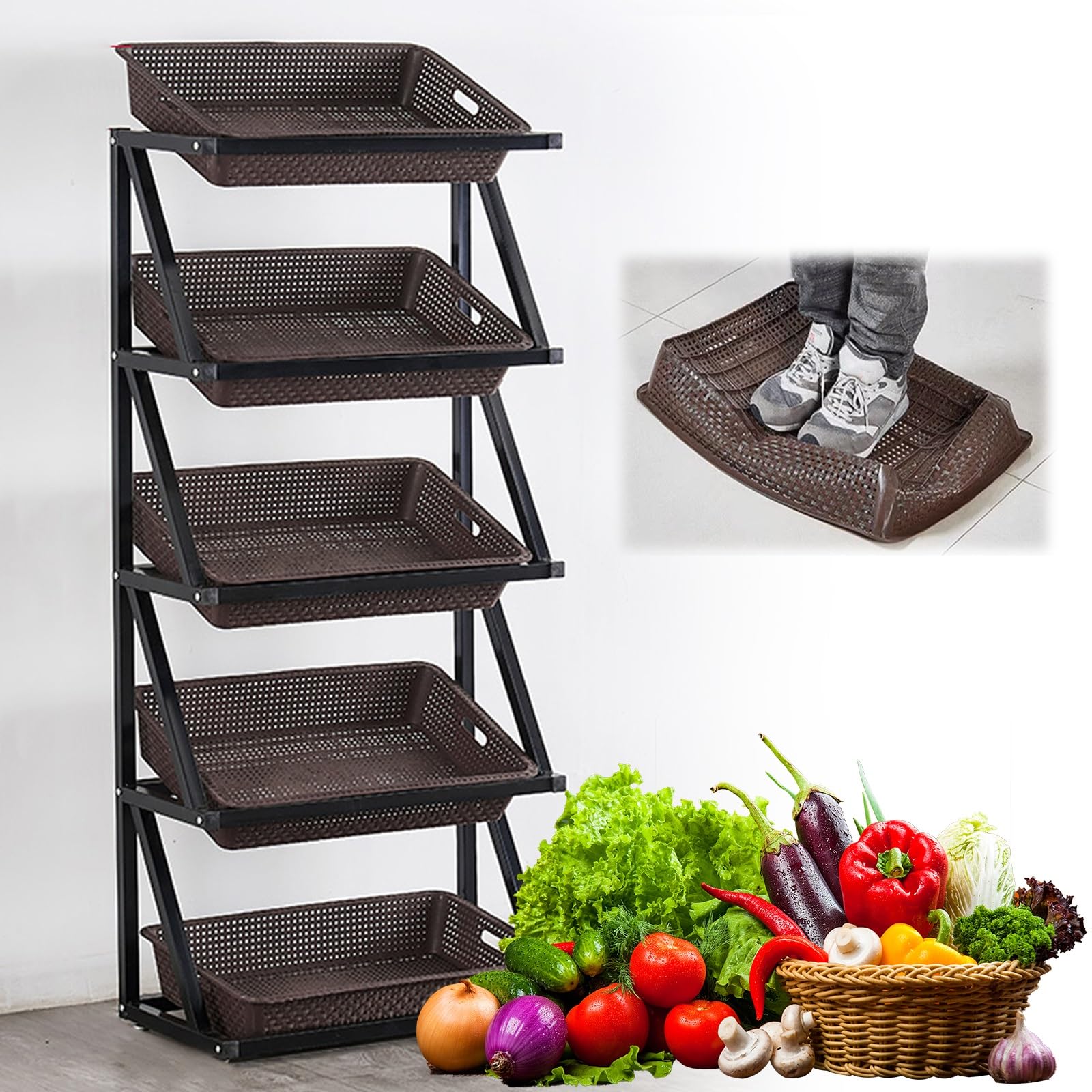 4/5 Stufe Küchenregal Obst Gemüse Organisationsständer Convenience Store Display Stand Korbregal für den Einzelhandel für Zwiebel Kartoffel(Brown,5 Frame)