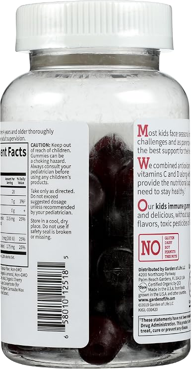 Garden of Life Kids Immune Support Gummies with Vitamin C, D as D3 & Zinc for 3-in-1 Daily Childrens Immunity Organic, Non-GMO, Gluten-Free, Vegetarian, Sugar Free, Cherry Flavor, 30 Day Supply