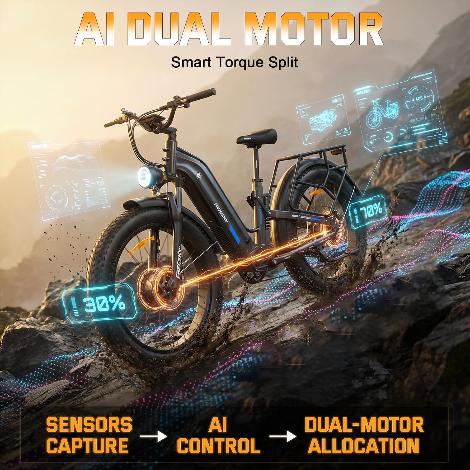 FREESKY Ranger Air Vélo Électrique Double Moteur 200Nm 170km Batterie 48V 25Ah Fat Bike 26" Freins Hydrauliques