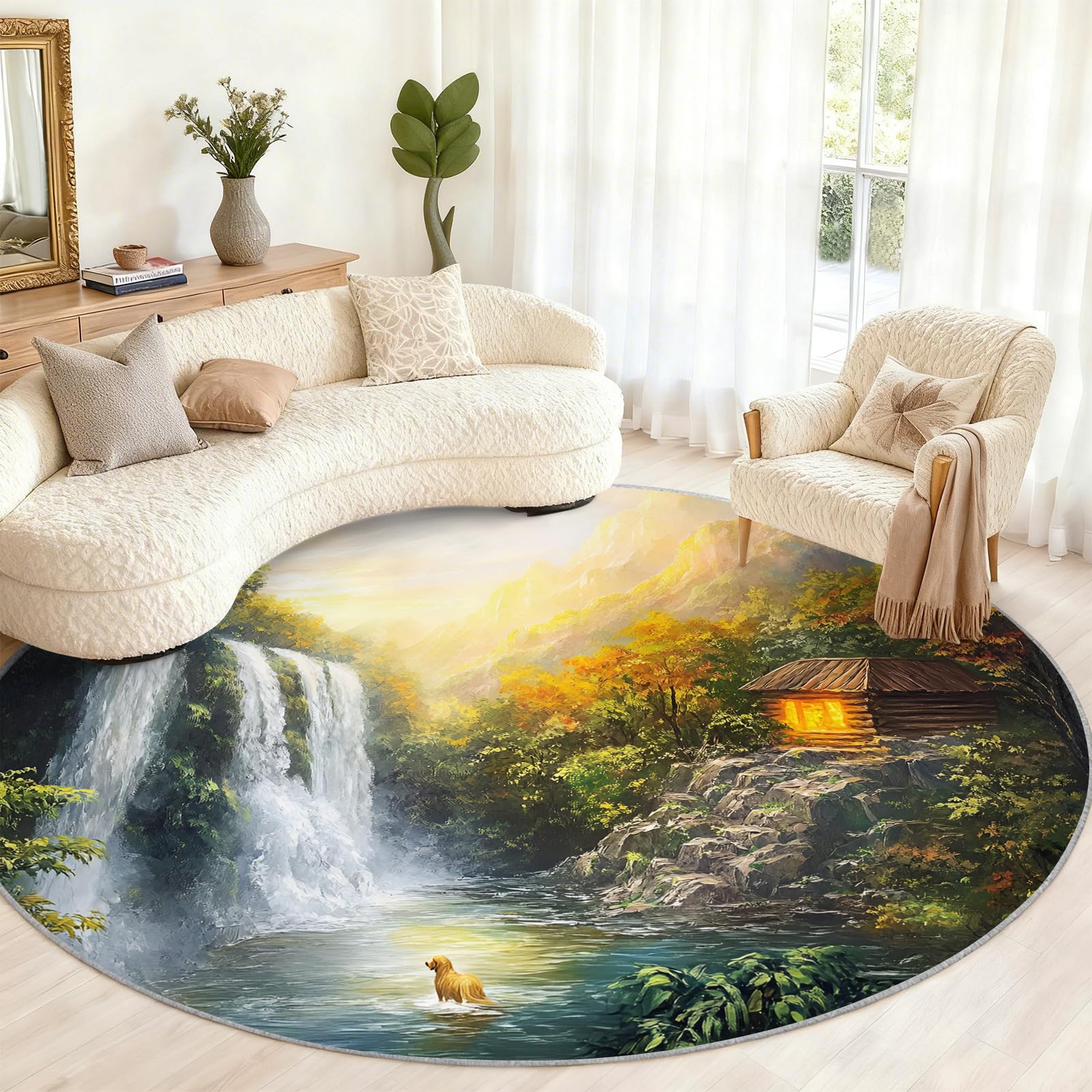 Tapis rond cascade forestière sous une chaise pour sublimer votre bureau