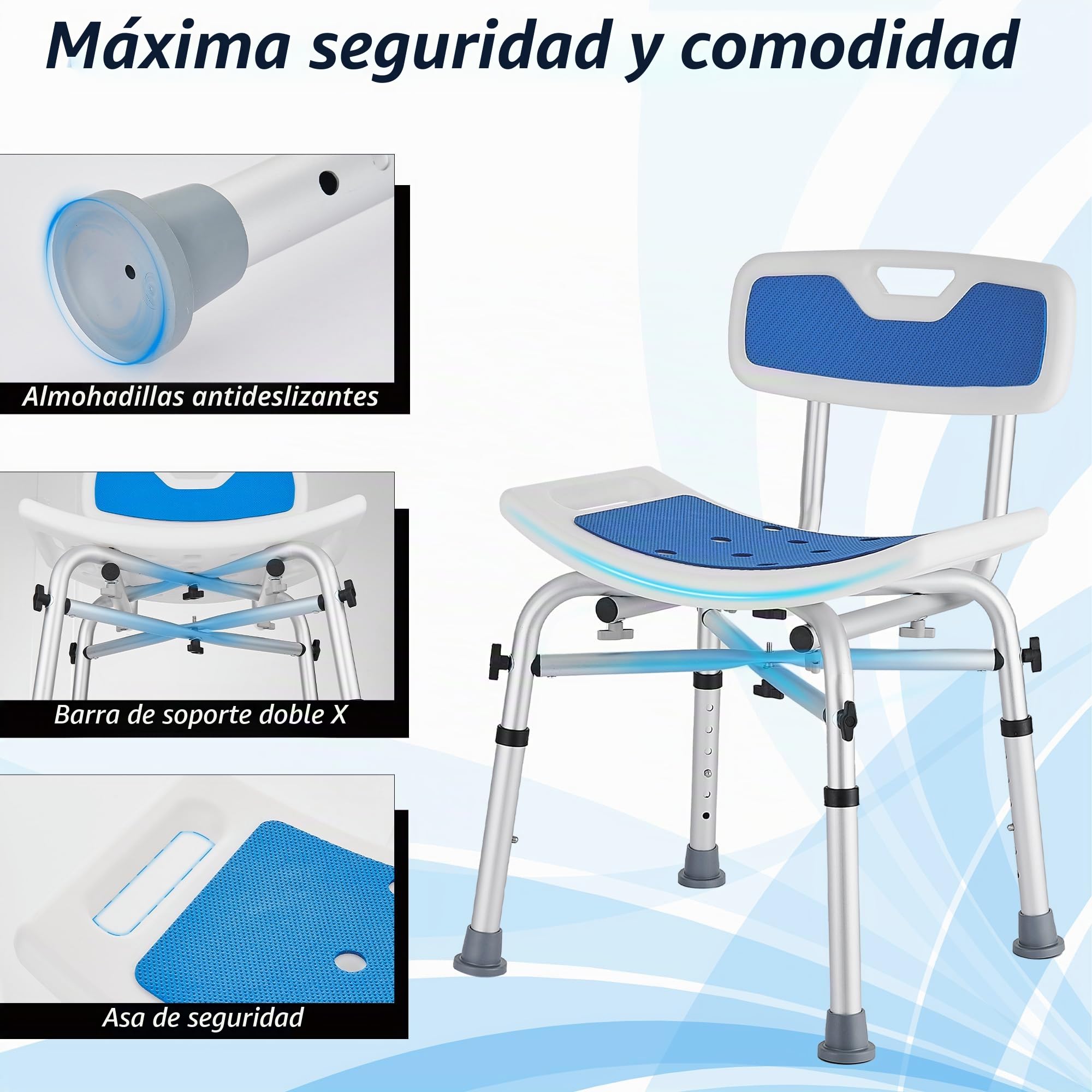 Taburete de Ducha para Personas Mayores con Respaldo extraíble, Silla Ducha Antideslizante Altura Regulable, Silla de baño para Adultos, discapacitados, Asiento de Ducha Azul