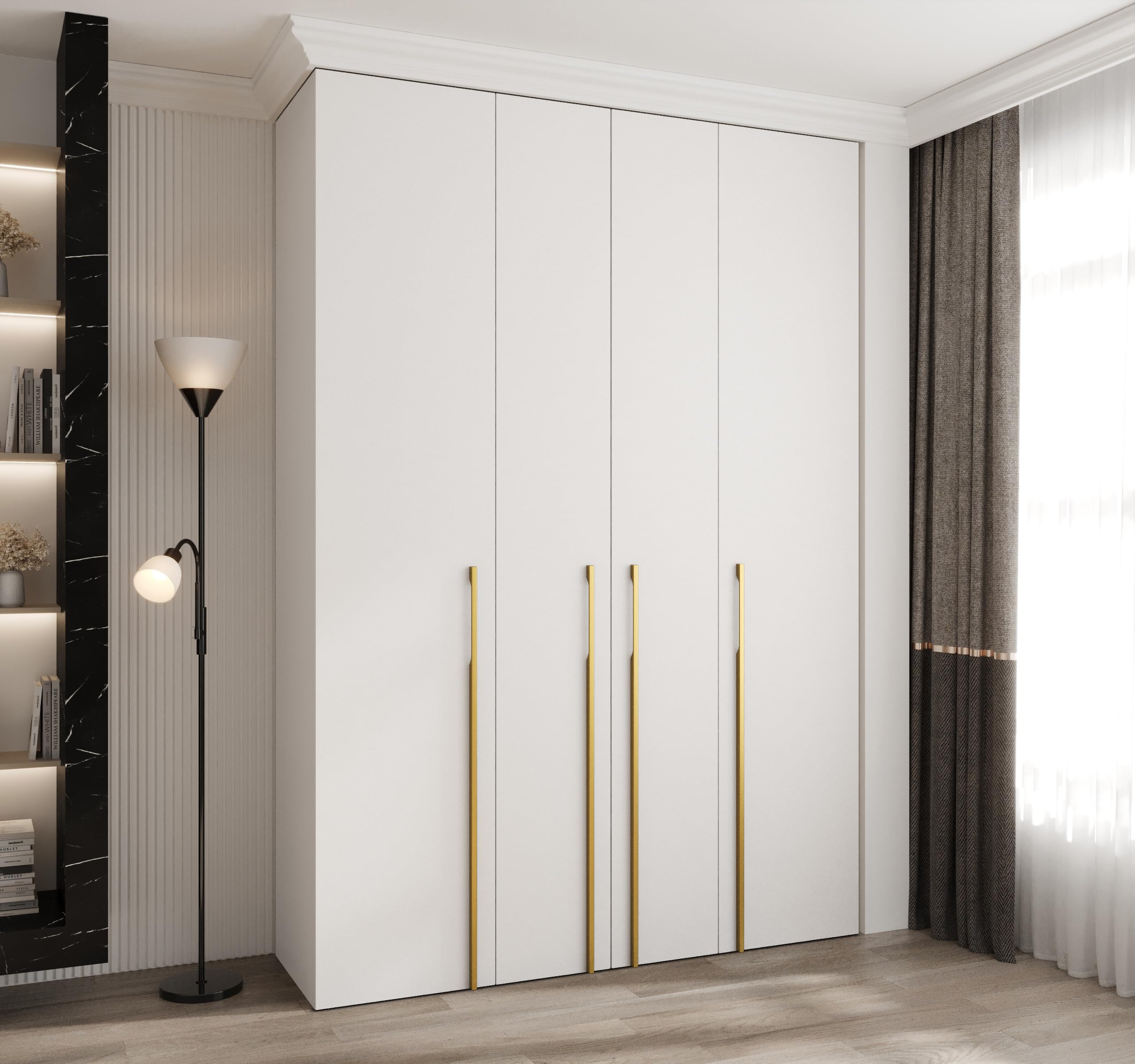 MEBLE KRYSPOL Como 3 Schrank mit 4 Türen - Kleiderschrank - Garderobe - Aufbewahrungsschrank für Schlafzimmer, Jugendzimmer, Kinderzimmer - 245,5x170x40cm - Weiß, Gold