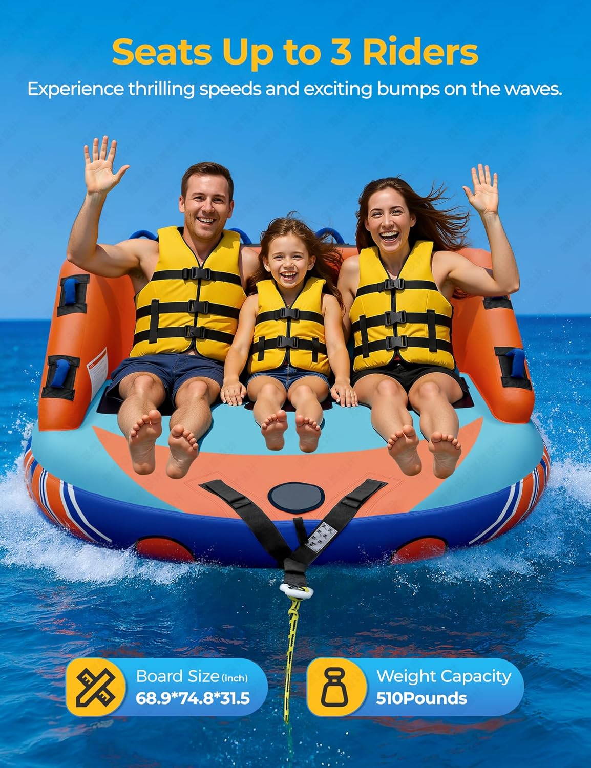 Towable Tubes for Boating 3 Person Boat Tube for Tubing, Inflatable Towable Tubes for Boats 1-3 Rider, Sofa Style Water Sports Towable Tube with Dual Front and Back Tow Points, with Nylon Tow Rope