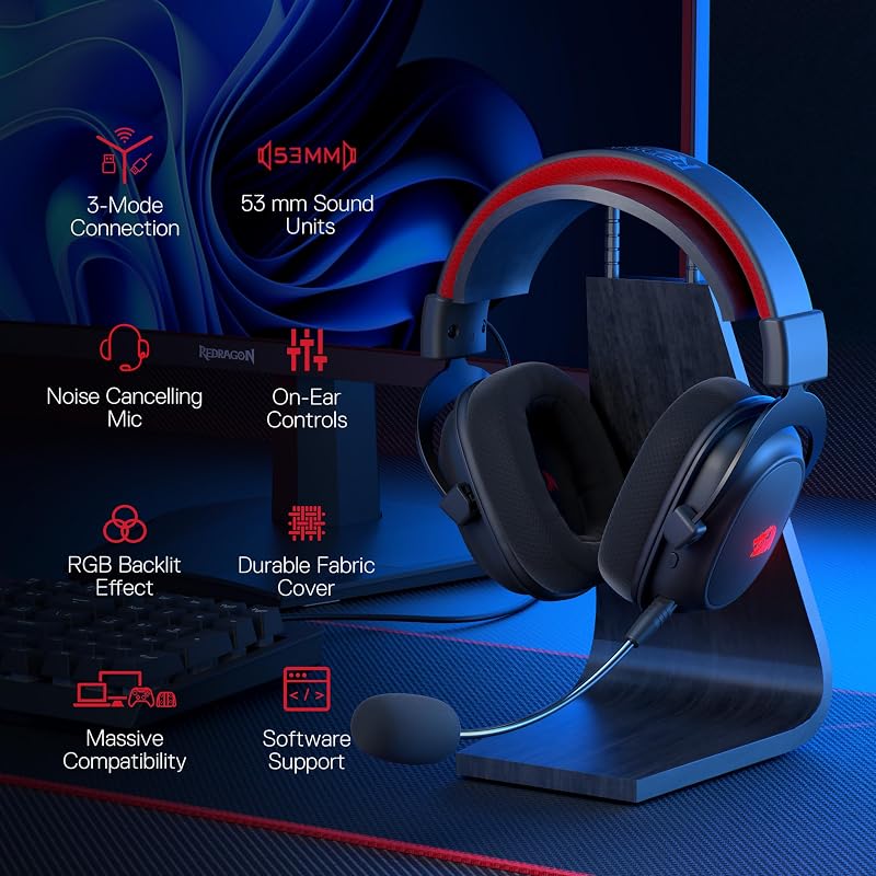Redragon H510 PRO RGB Gamer Fejhallgató - 7.1 Surround Hangzás, 53mm-es Hangszóró, Memóriahabos Fülpárnák, 3 Üzemmód, USB, Többplatformos