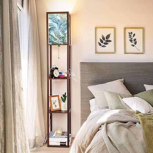 Miniatura 3 de Lámpara de pie de lujo natural con efecto marmoleado antigua técnica de dibujo oriental con estantes, puertos USB y toma de corriente, lámpara alta