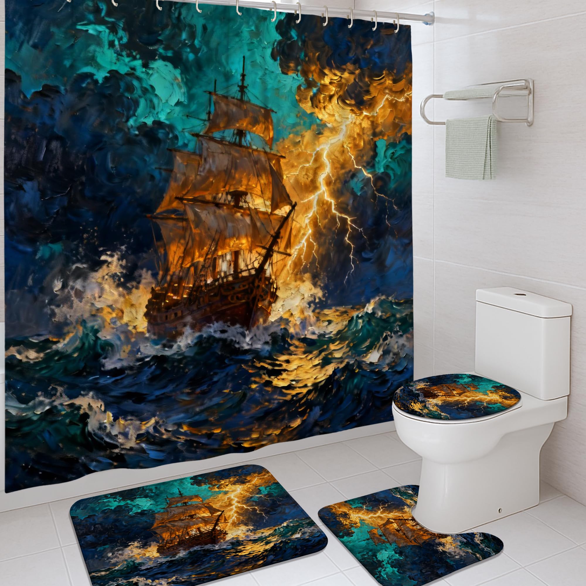 Ensemble rideau de douche vagues bleu 183x183cm et tapis de bain pour appartement