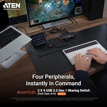 ATEN Essentials US5324 2 x 4 USB 3.2 Gen 1 Sharing Switch, Share 4 USB Peripherals Between USB-A & USB-C Computers, 5 Gbps, Quick Switch, Compact, Remote Port Selector, Windows, macOS, MacBook, PC