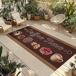 6x9 ft Outdoor Rug for Patio, Vintage Dessert Coffee Time Non Slip Outside Carpet, Waterproof Mats Farmhouse Brown Beige Linen Area Rug for Front Door Deck Balcony Backyard Camping