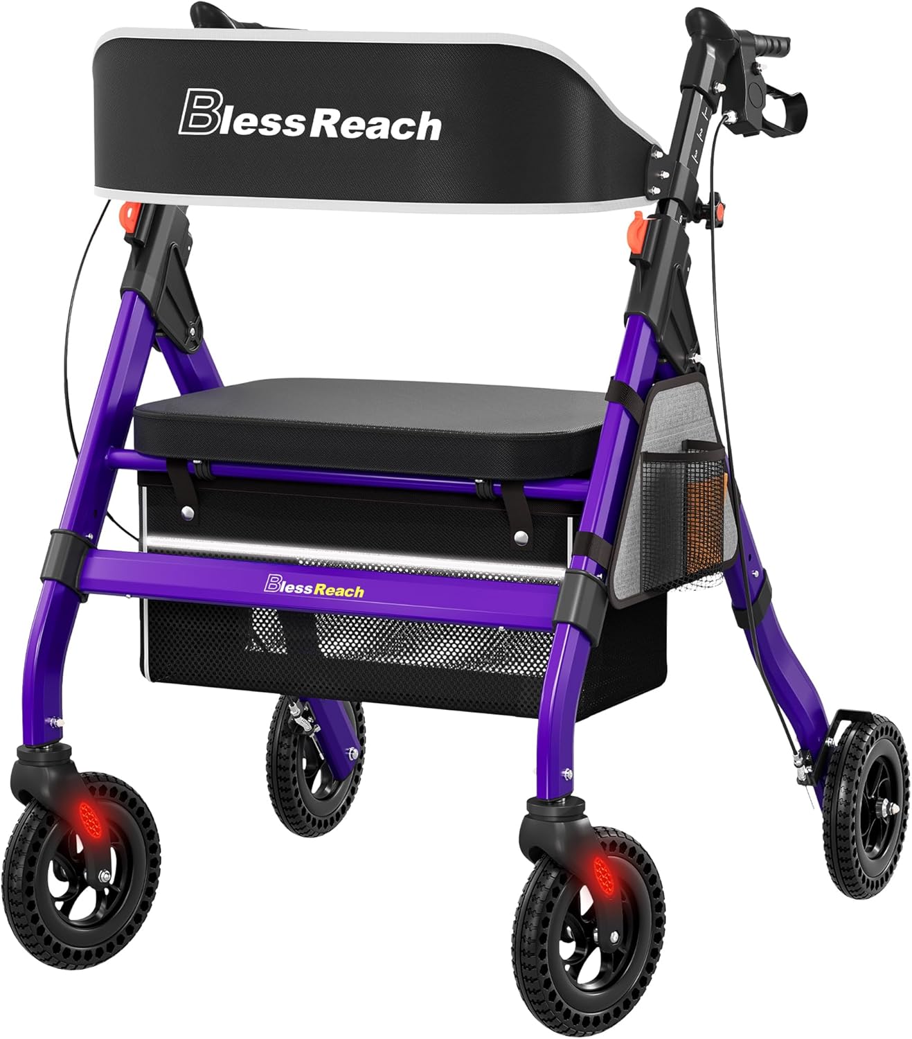 Foldable Rollator Walkers with Seat for Seniors, 450 lb Capacity, 8” Wheels, 18″ Big Seat, 6-Position Adjustable Height, Heavy-Duty Aluminum Rolling Walker (Purple)