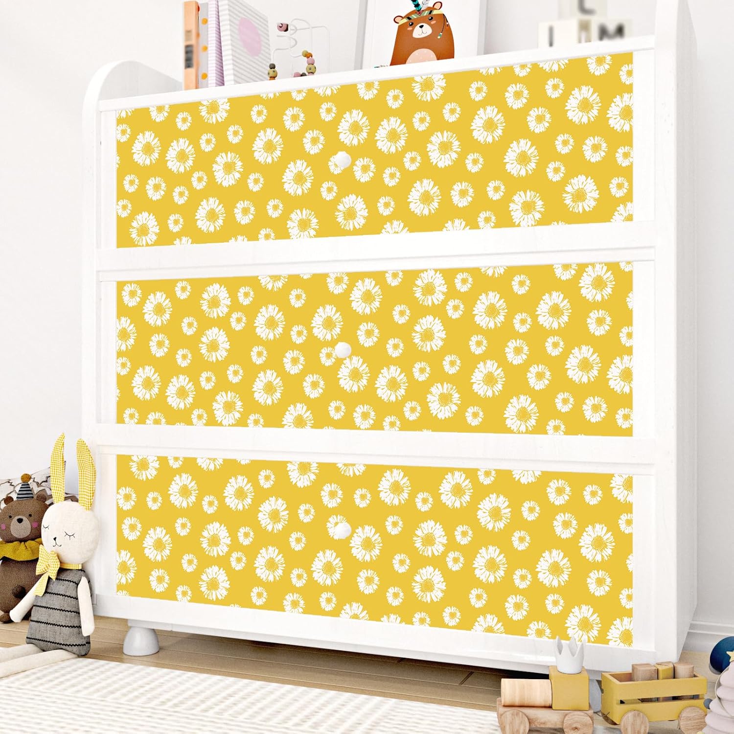 Yellow Peel and Stick Floral Wallpaper Yellow Contact Paper Floral Watercolor Removable Wallpaper Bathroom Farmhouse Flower Wall Paper Peelable Temporary Wallpapers for Cabinet 17.5×102.3"
