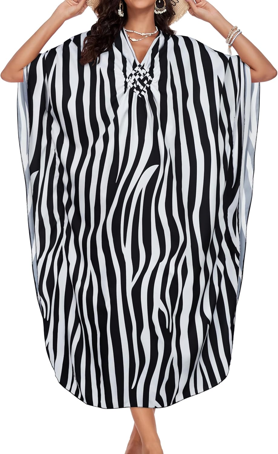 Kaftan Dresses for Women Plus Size V Neck Caftans Long Batwing Sleeve Beach Cover Ups Summer Floral Print Dress - Image 5