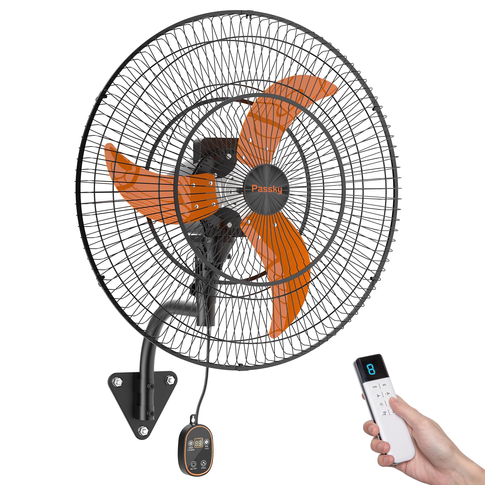 Passky Industrial 24 Inch Wall Mount Fan with Remote Control, EC Motor, 3 Shark Turbo Blades, 8 Speeds, 9000 CFM High Velocity, Timer, ETL Listed