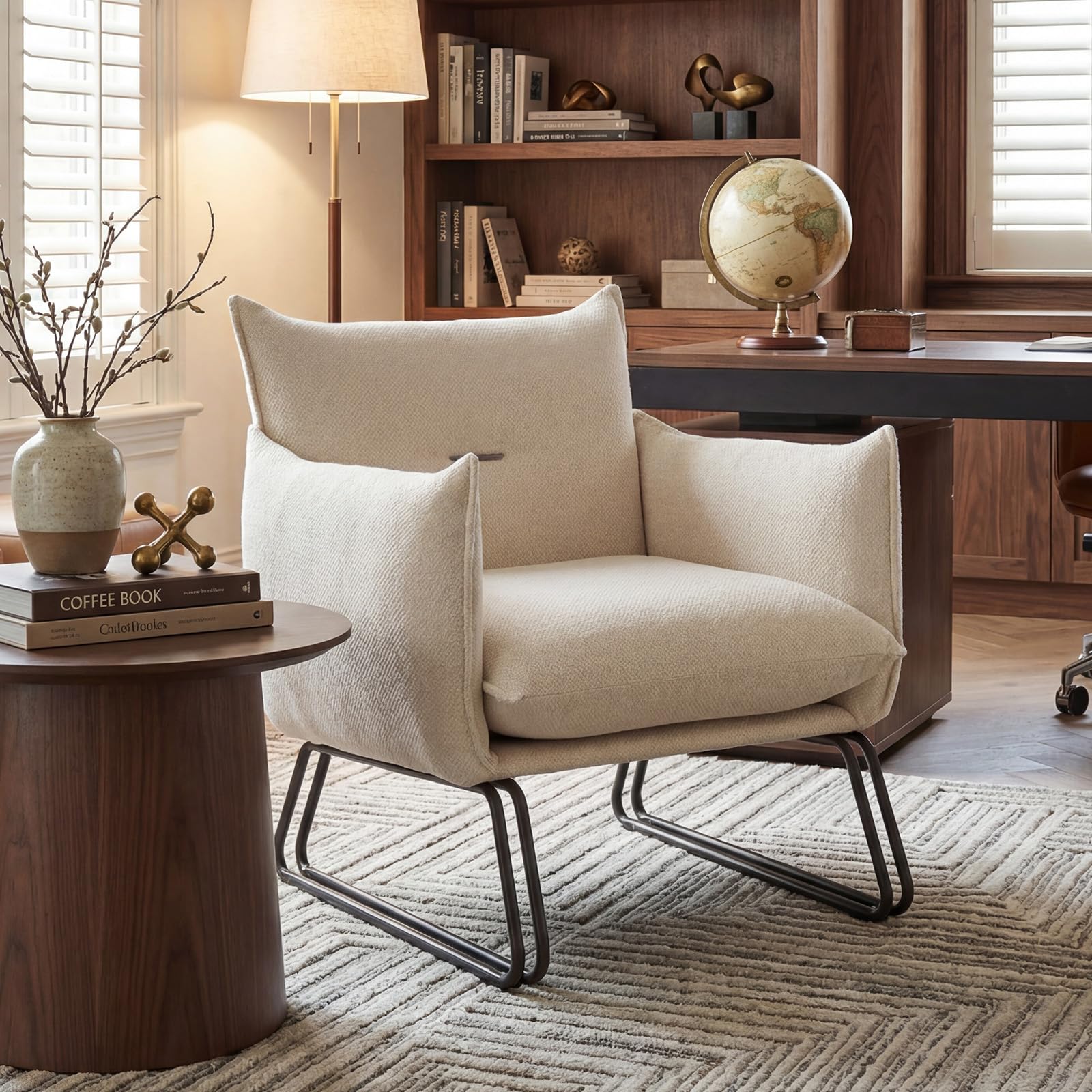 Moderne Loungesessel mit Stahlgestell, Webstoffbezug und Hoher Rückenlehne, Relaxsessel für Wohnzimmer, Arbeitszimmer oder Büro, Haferfarben
